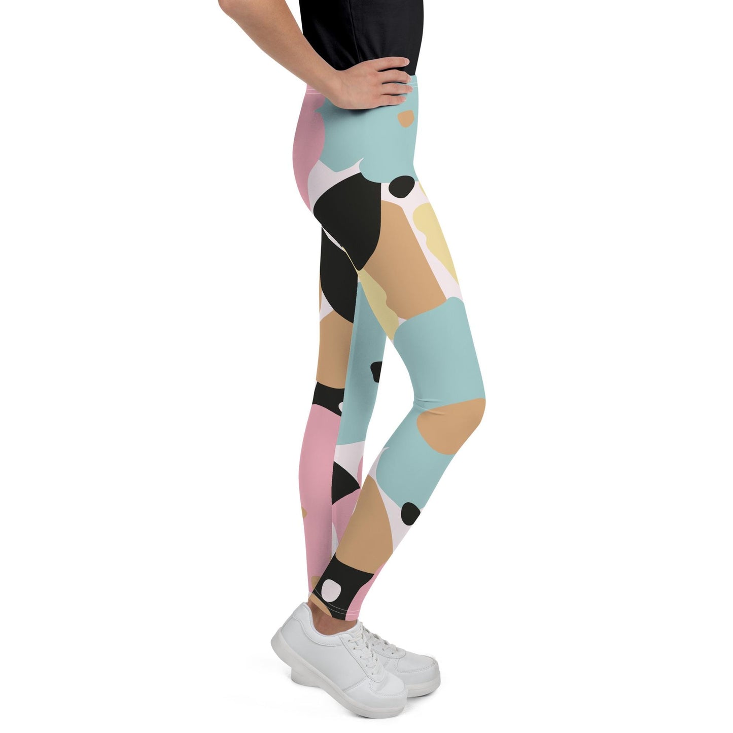 Legging fille ado - fleuri, pastel minimaliste – vue de profil, stretch et maintien confortable