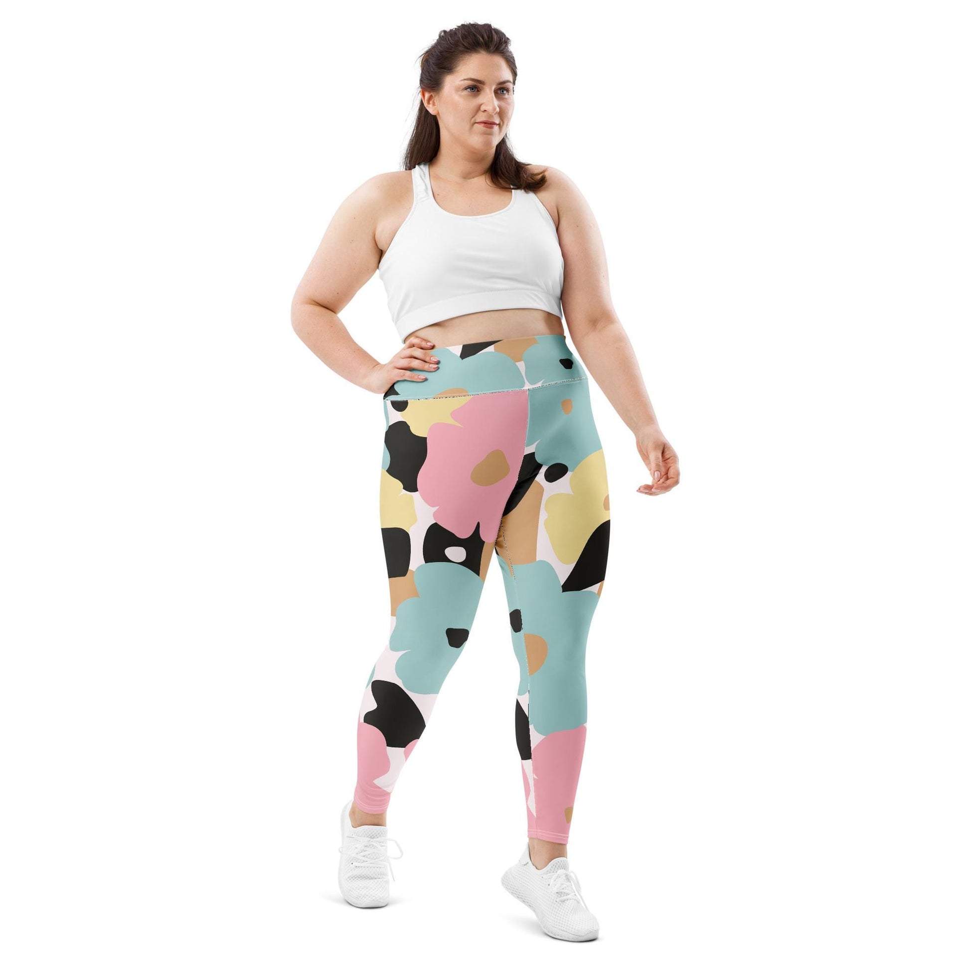 Legging grande taille femme - oversize – fleuri, pastel - Posture d’entraînement – legging  **opaque en flexion**