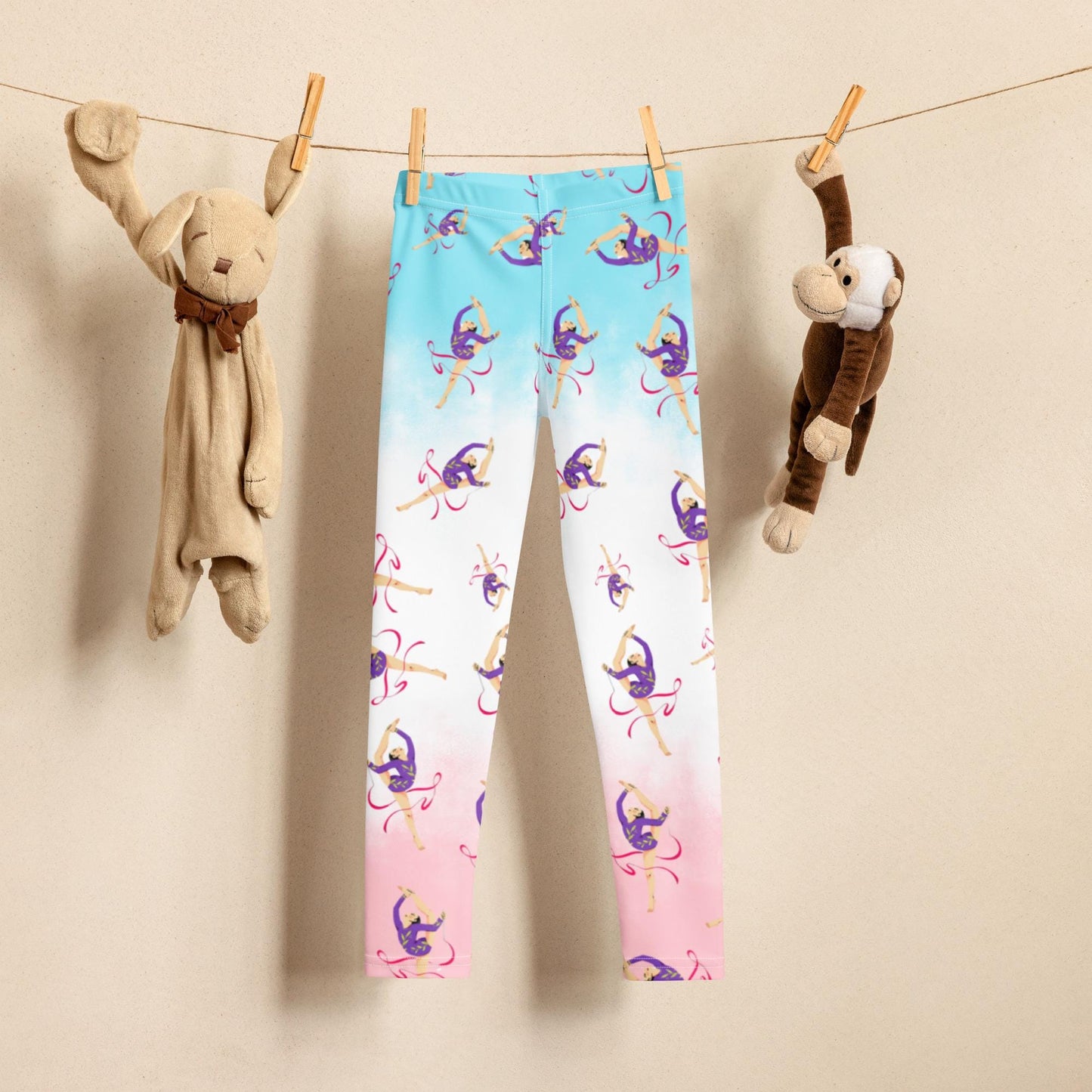 Leggings petite fille – Détail matière **stretch** et ceinture confortable - bleu, blanc, rosé - motif gymnaste danseuse