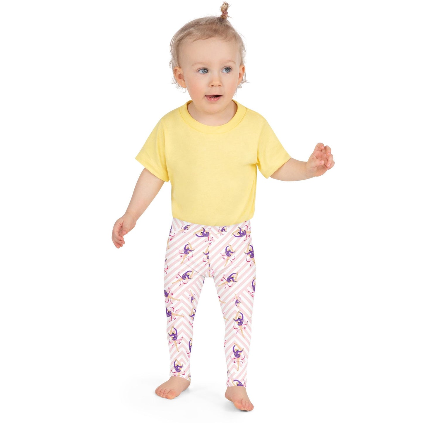Leggings petite fille portés – crèche/école/danse, usage quotidien - blanc et rose - motif gymnaste danseuse