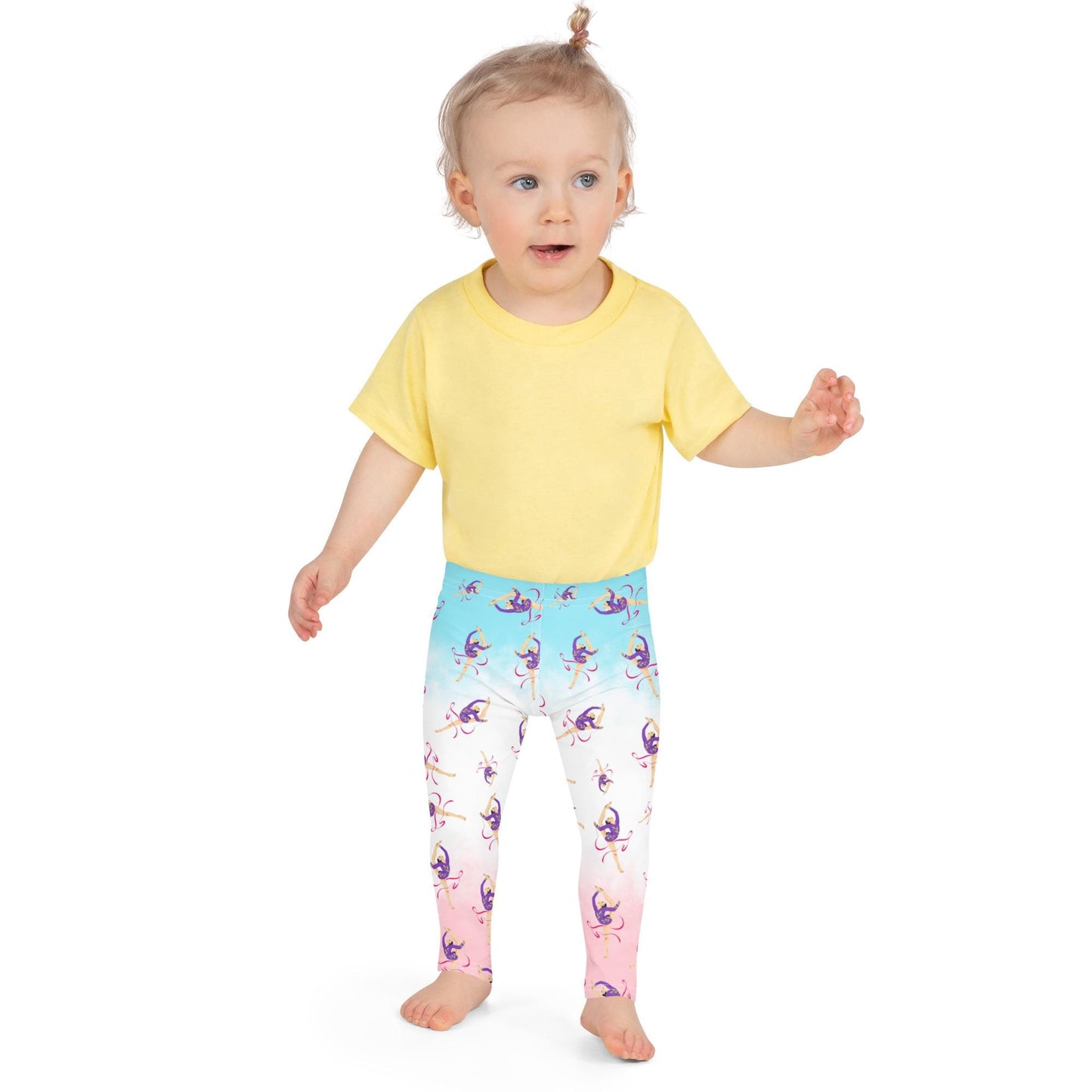 Leggings petite fille portés – crèche/école/danse, usage quotidien - bleu blanc rosé - motif gymnaste danseuse