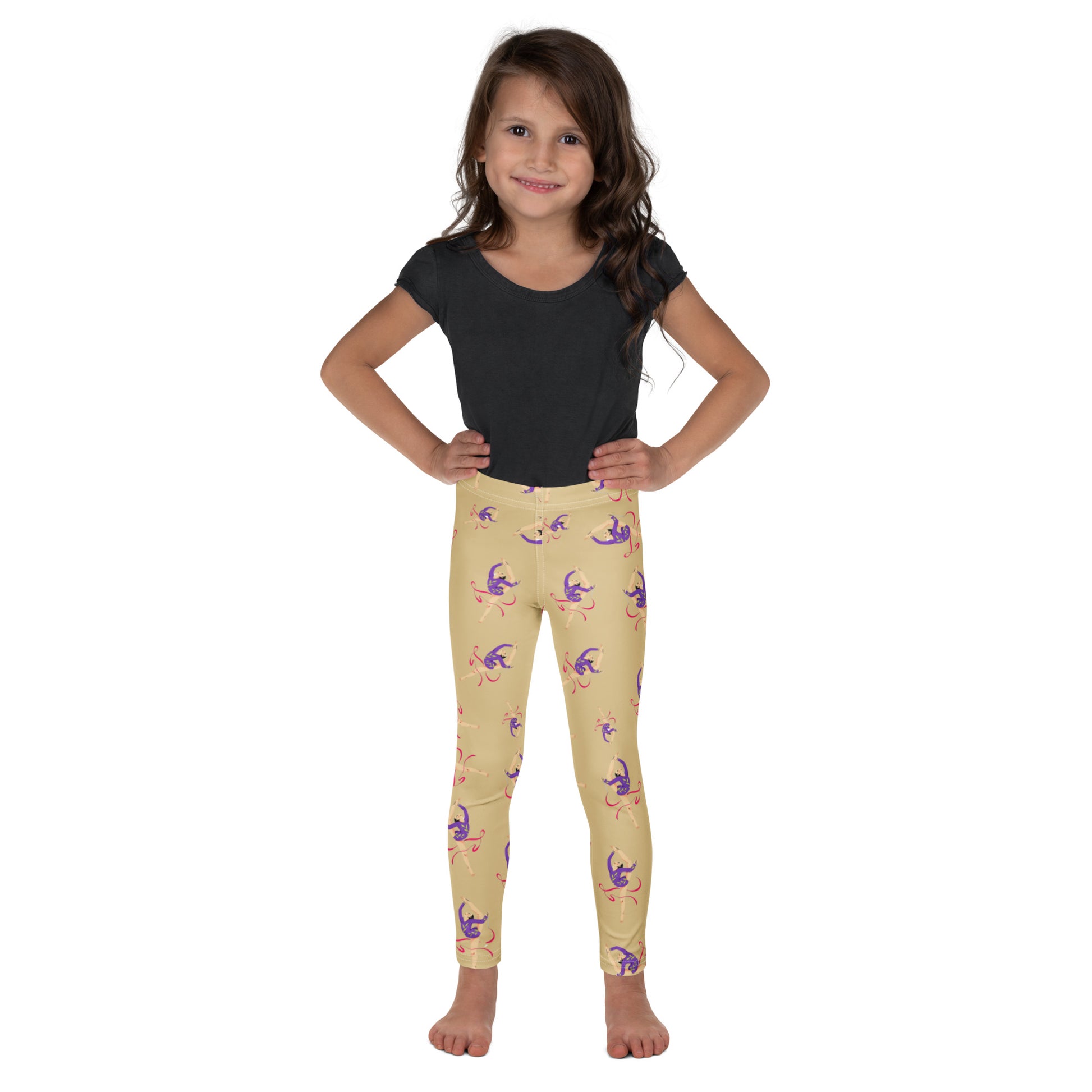 Leggings petite fille portés – crèche/école/danse, usage quotidien - jaune citron - motif gymnaste danseuse