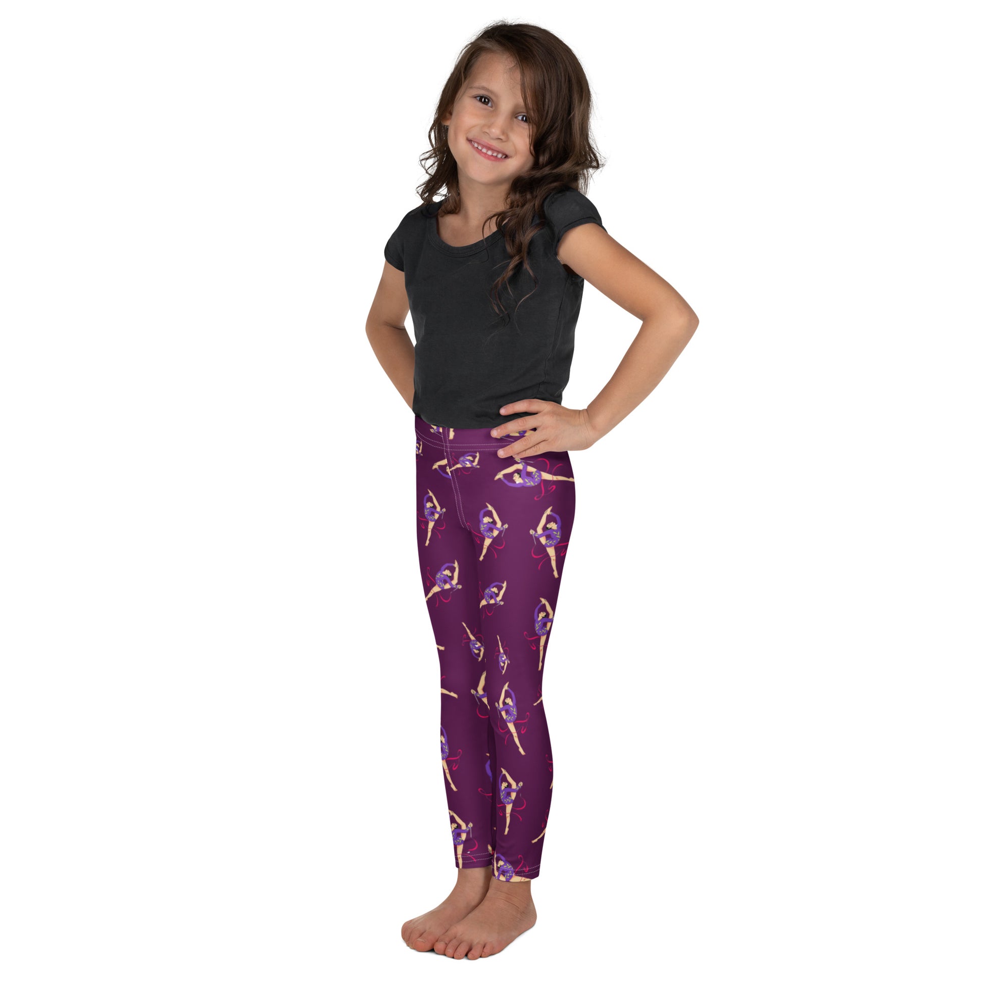Leggings petite fille portés – vue de profil, confort et liberté de mouvement - Mauve - motif gymnaste danseuse