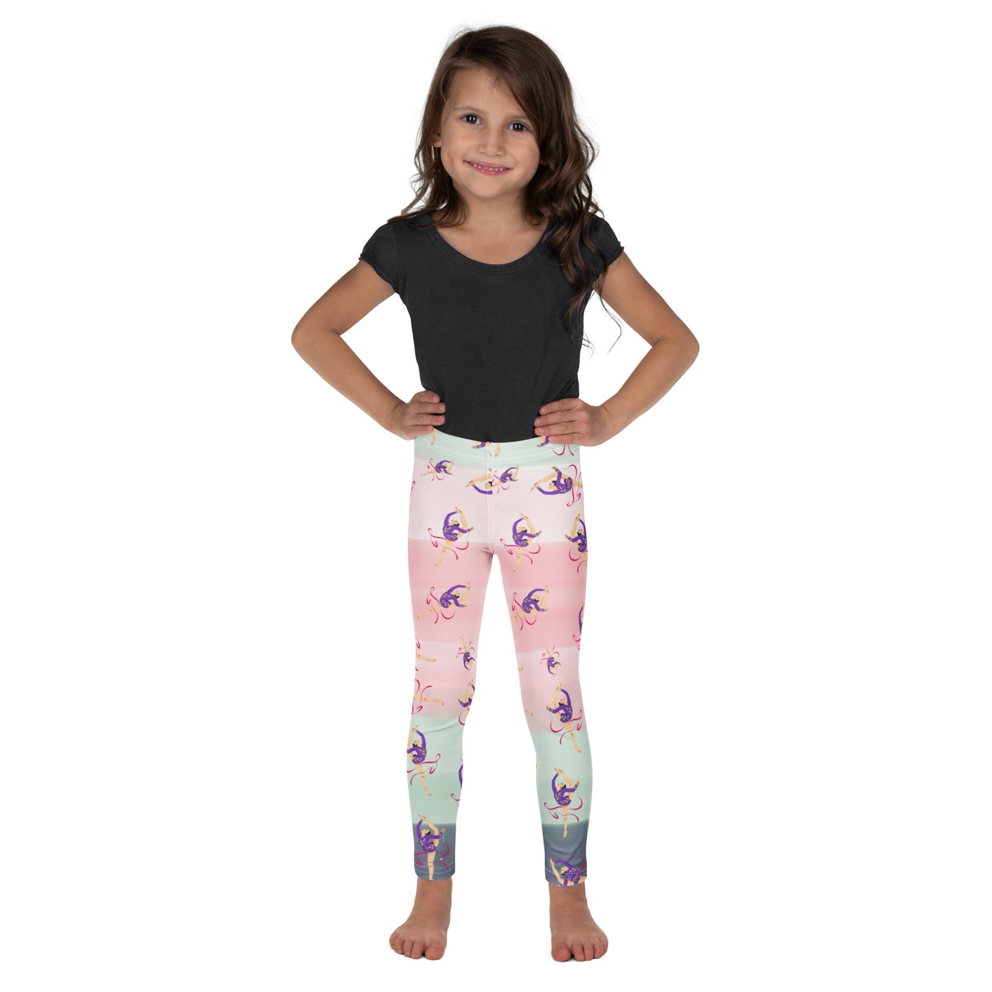 Leggings petite fille – vue de face, tissu doux et extensible - dégradé rose kaki - motif gymnaste danseuse