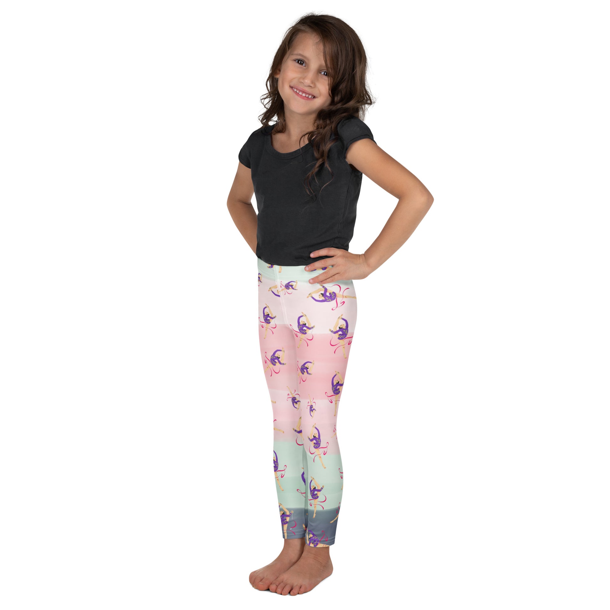 Leggings petite fille– vue de profil, confort et liberté de mouvement - dégradé rose kaki - motif gymnaste danseuse