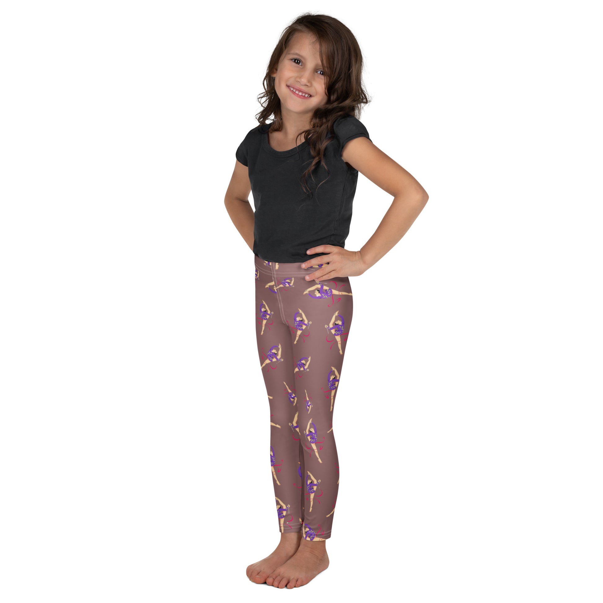 Leggings petite fille– vue de profil, confort et liberté de mouvement - vieux rose - motif gymnaste danseuse