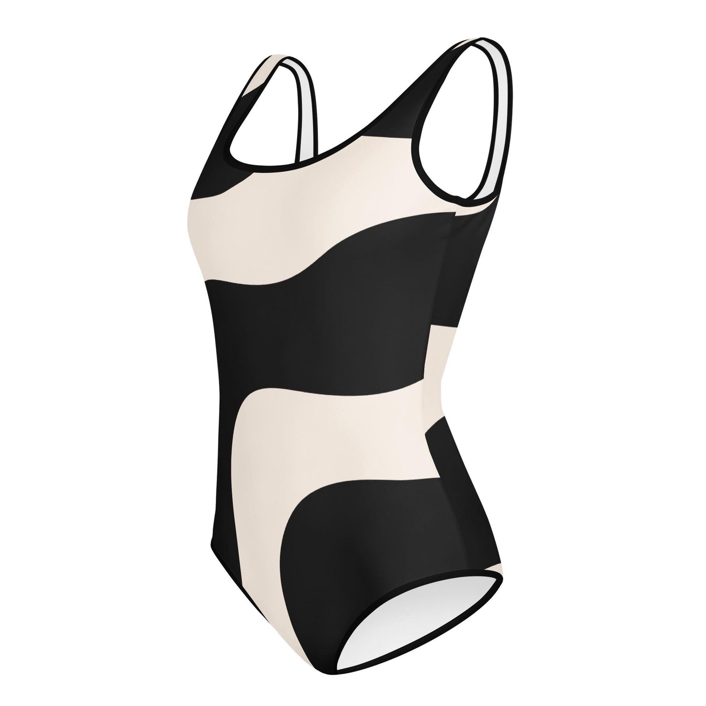 Maillot de bain 1 pièce pour fille ado – Beige & Noir – maintien & séchage rapide – Graphique