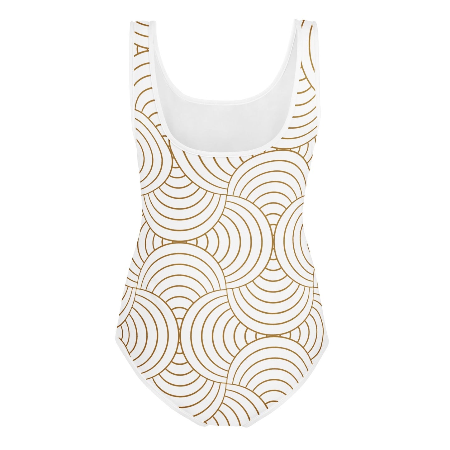 Maillot 1 pièce fille ado - blanc et or à spirales graphique minimaliste – Gros plan encolure/ourlets, maillot