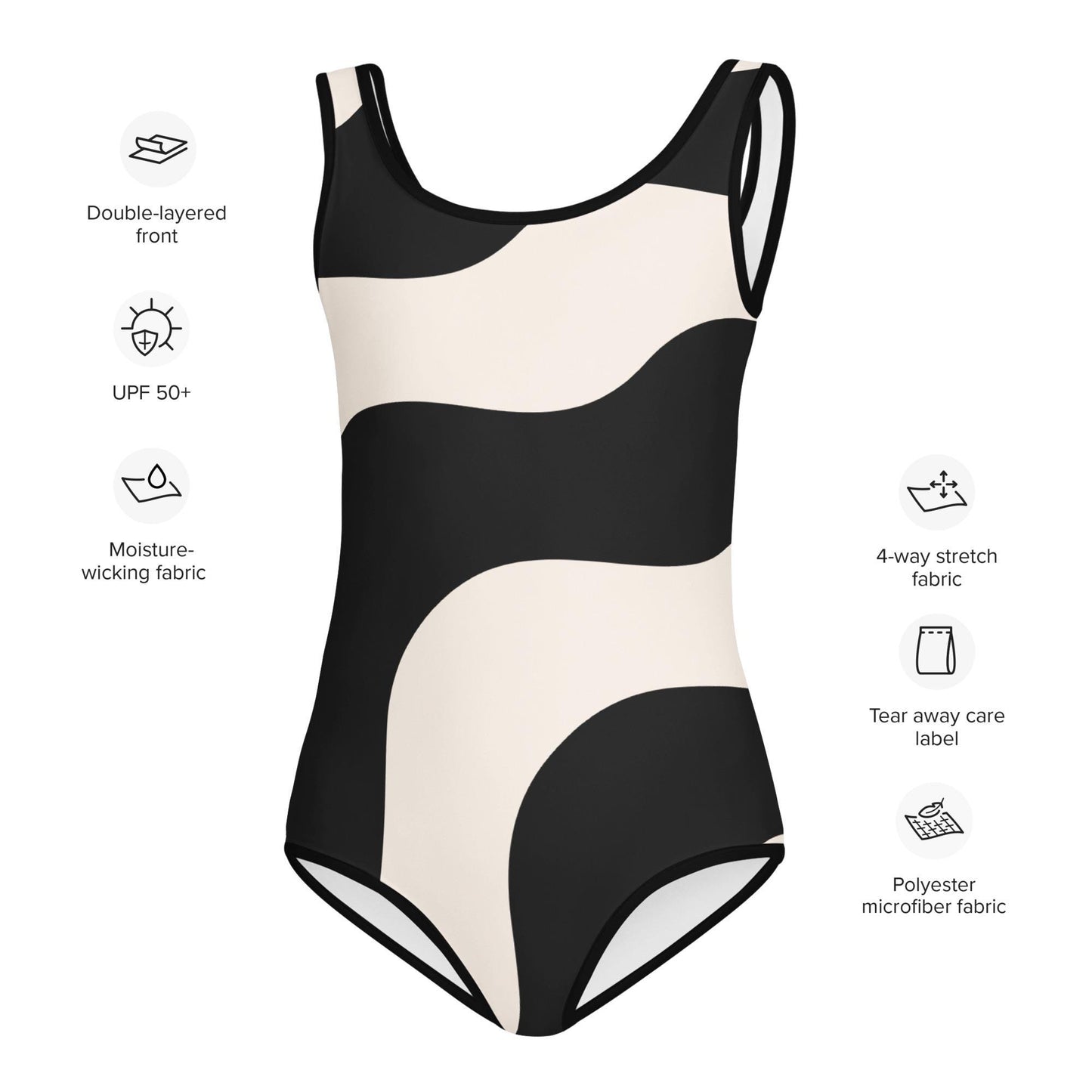 Maillot de bain enfant - beige et noir à ondulations, graphique, minimaliste – 	Détail matière extensible et séchage rapide