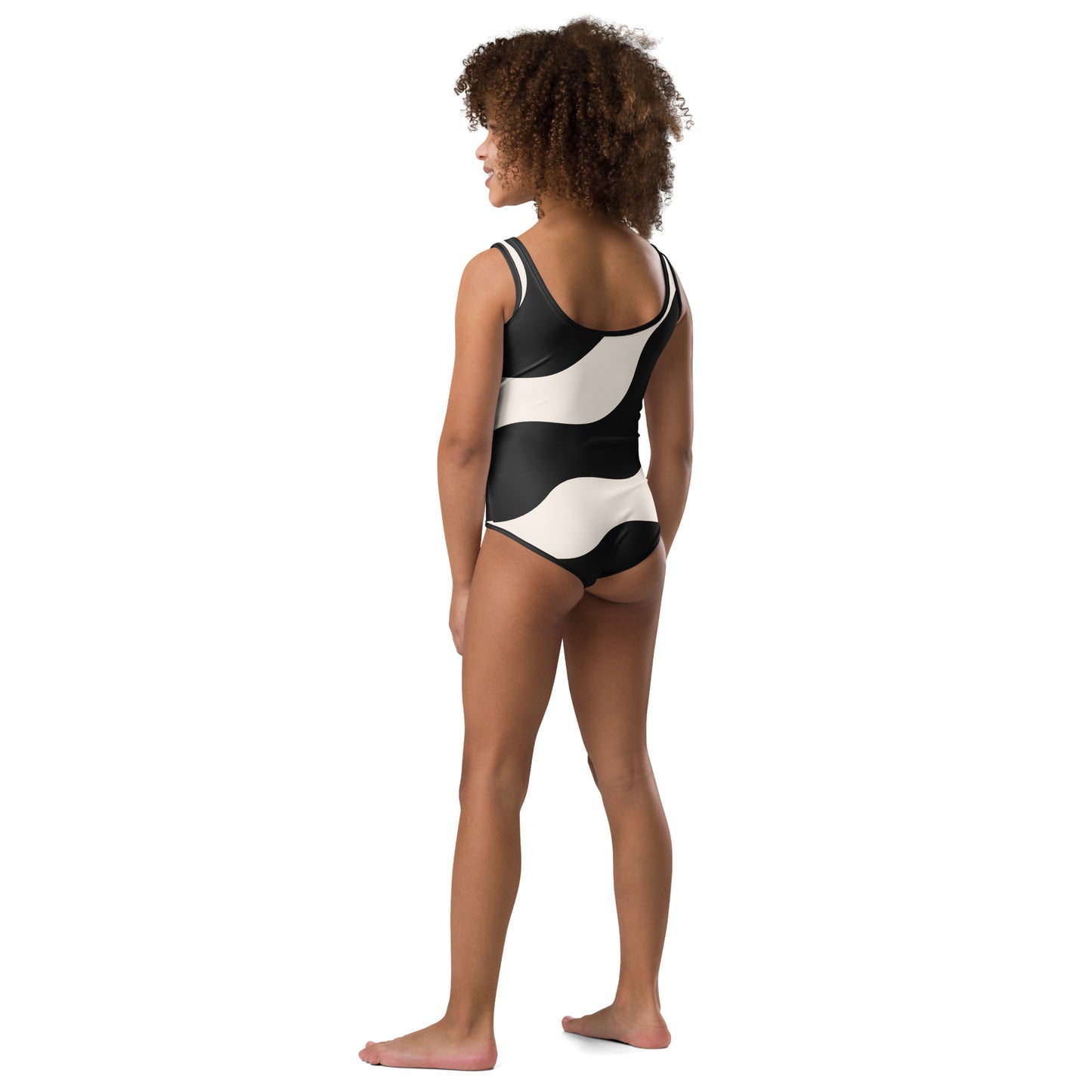 Maillot de bain enfant - beige et noir à ondulations, graphique, minimaliste – vue de dos, finitions propres