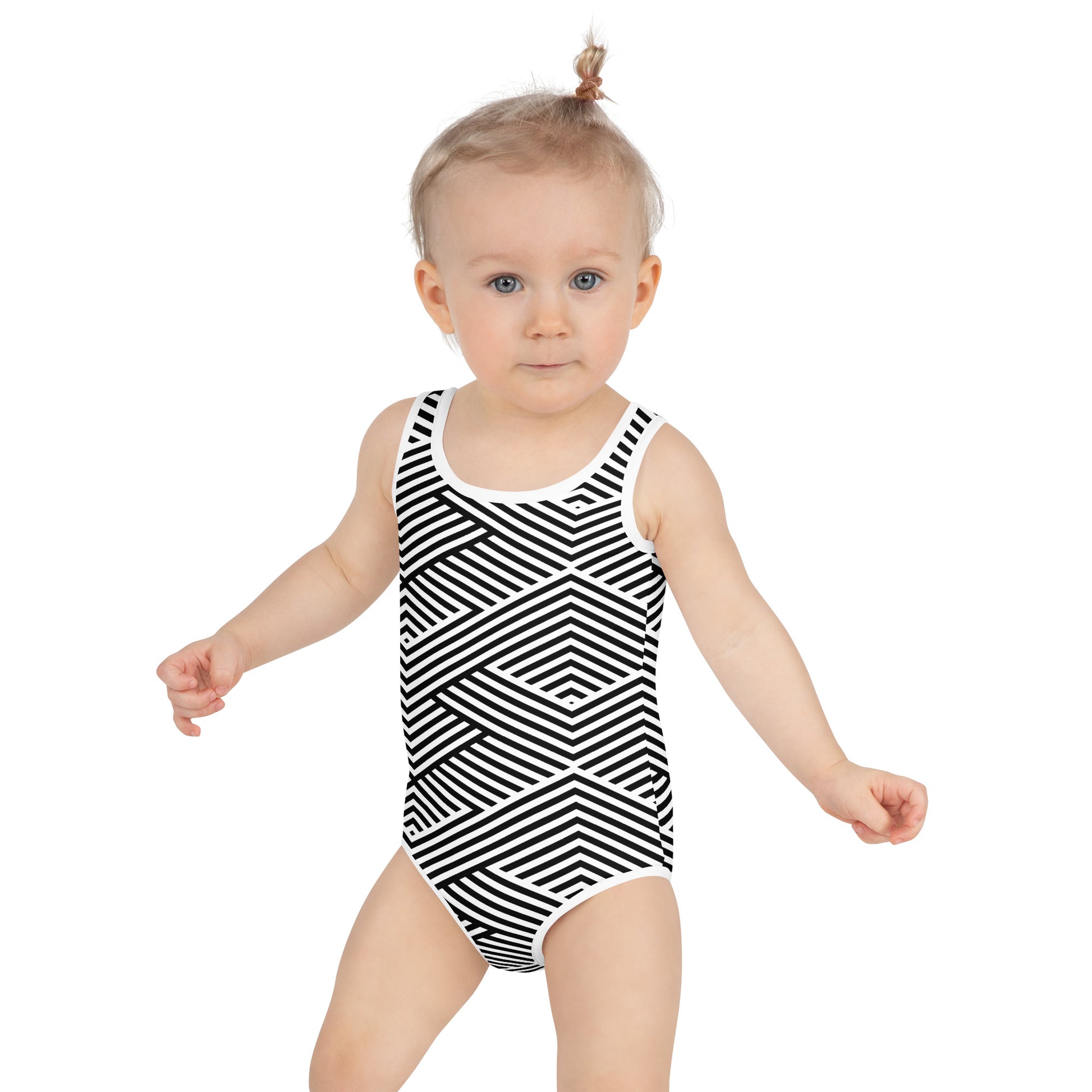 Maillot de bain enfant - blanc et noir à rayures, graphique, minimaliste – Porté à la plage/piscine – maintien fiable