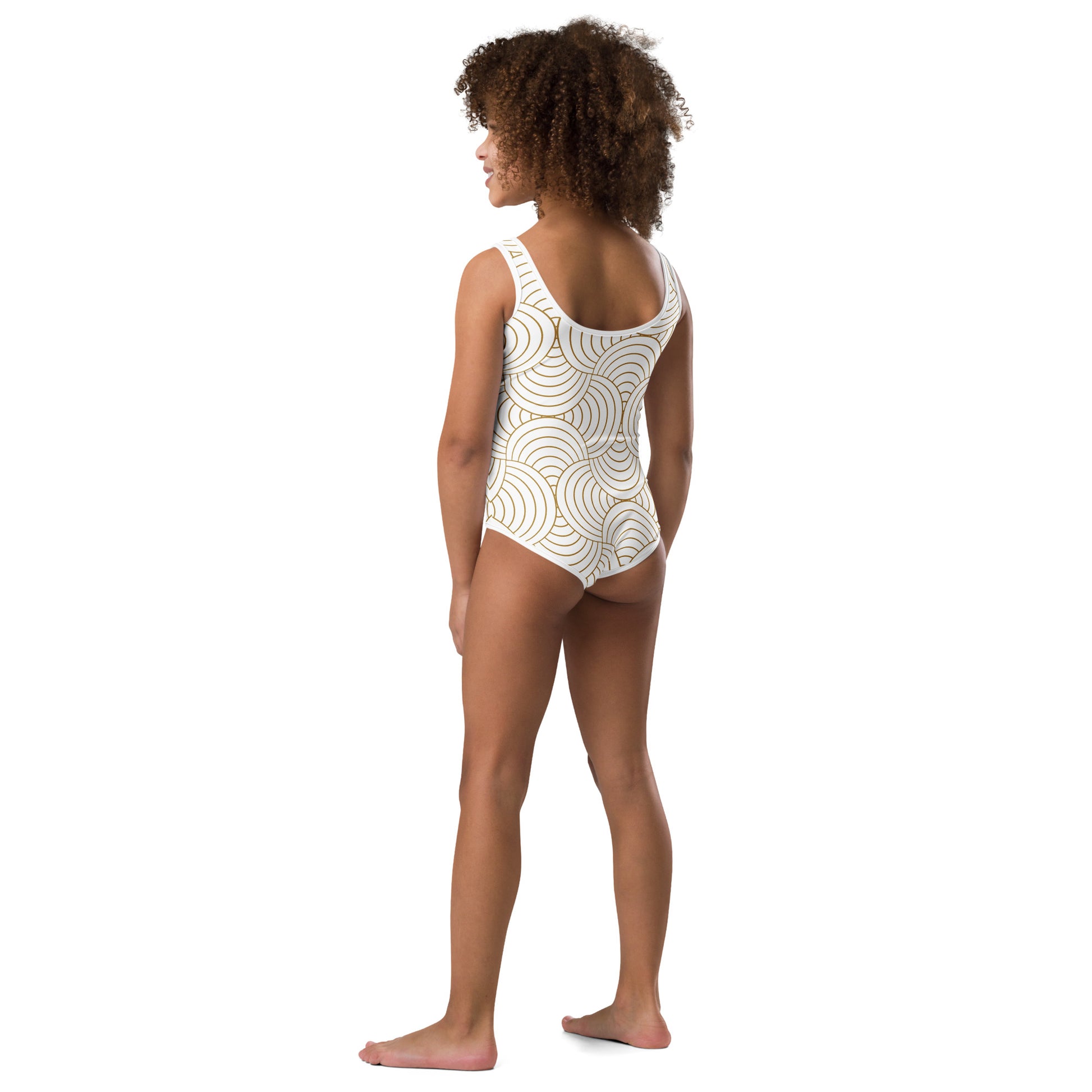 Maillot de bain enfant - blanc et or à spirales, graphique, minimaliste – vue de dos, finitions propres