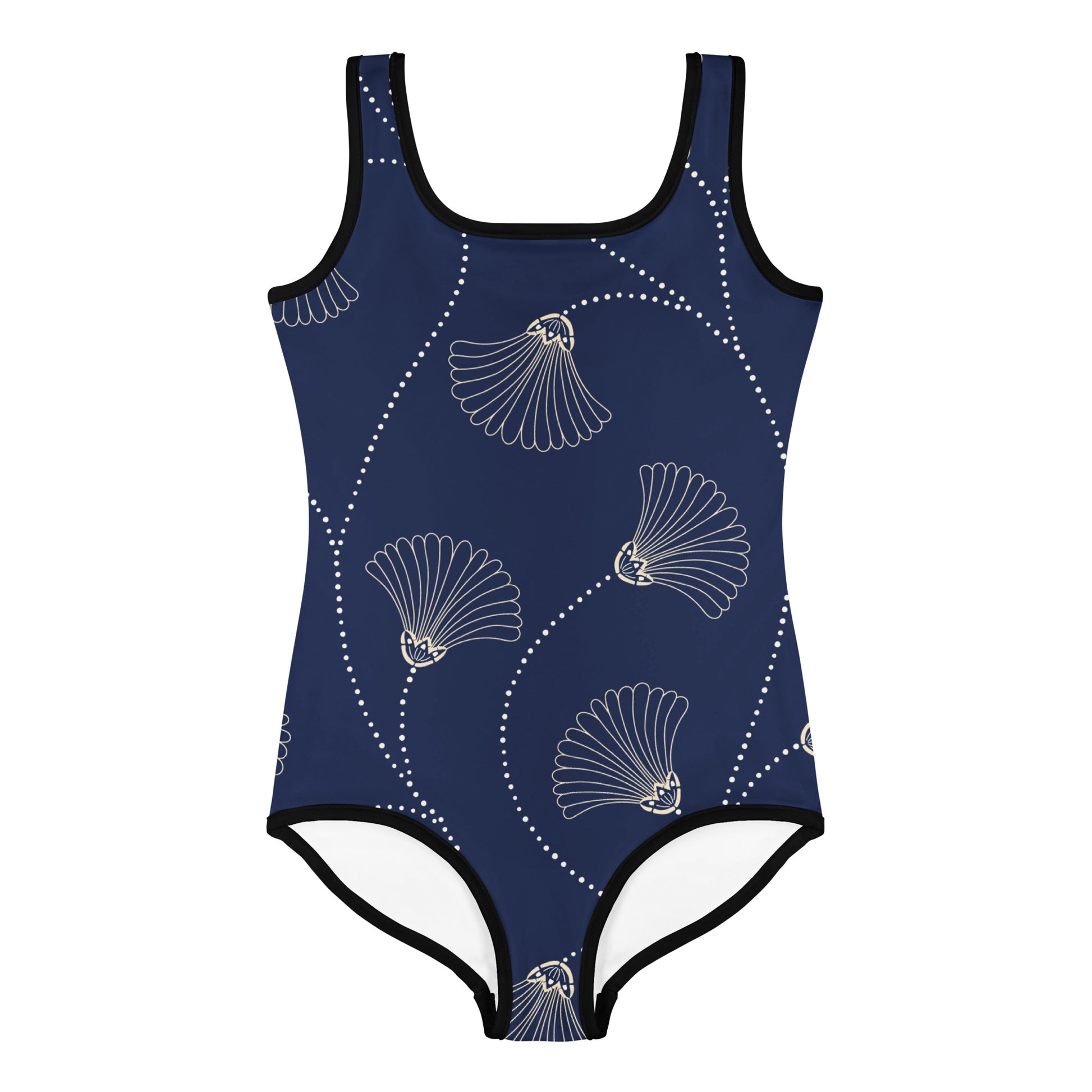 Maillot de bain enfant - bleu fleuri minimaliste – Gros plan encolure/ourlets, maillot 1 pièce