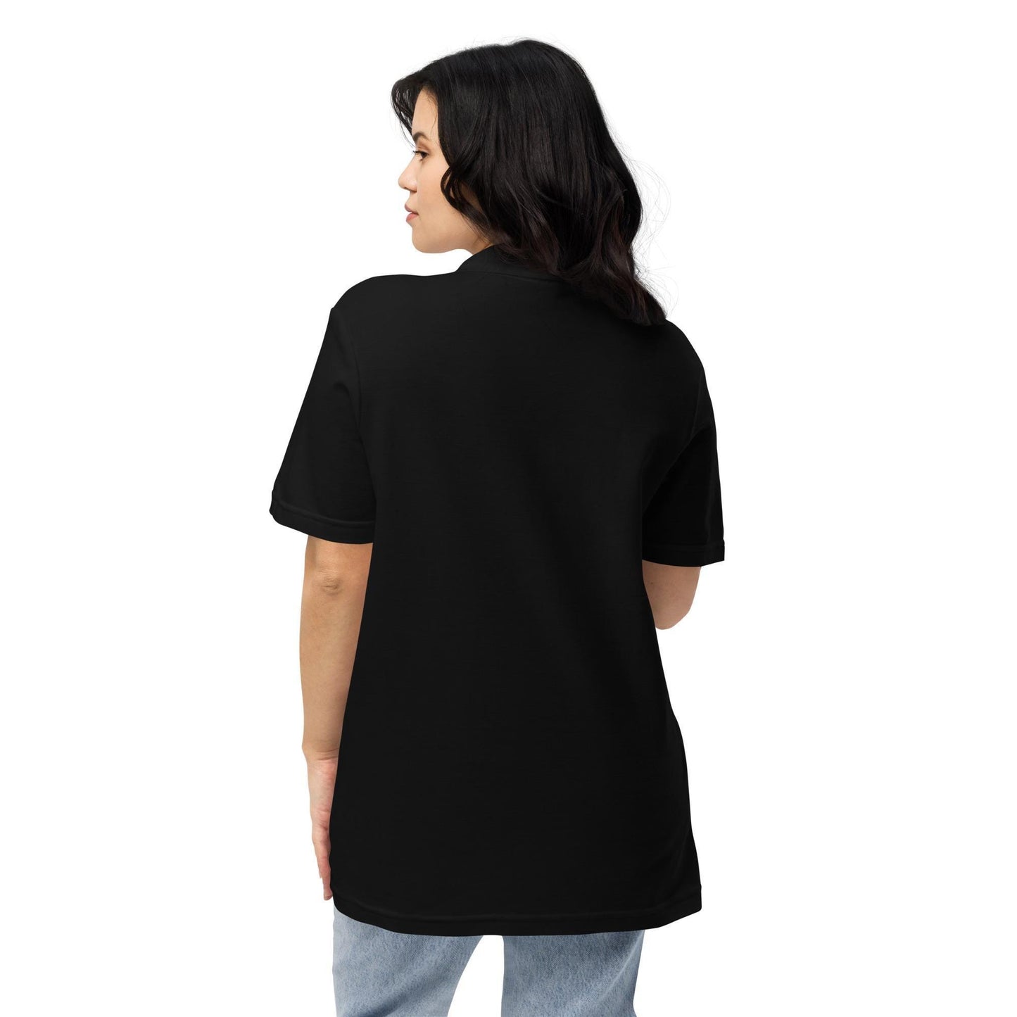 Polo femme – vue de dos, tombé propre motif brodé - coeur deja pris - noir