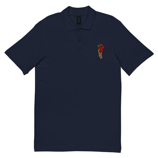 Polo homme 100% coton piqué – vue de face, motif brodé - coeur deja pris - bleu marine