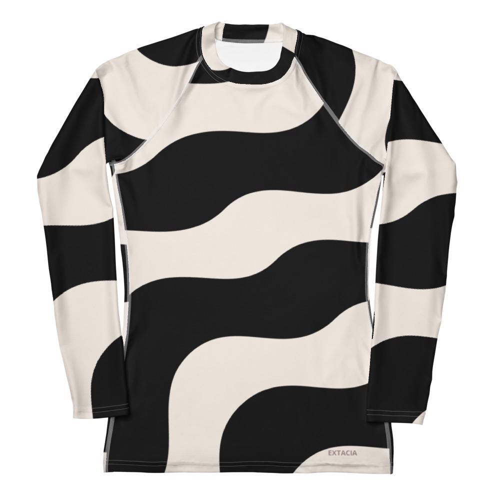Rash guard femme - beige et noir graphique à ondulations graphique minimaliste - Col/poignets/ourlets