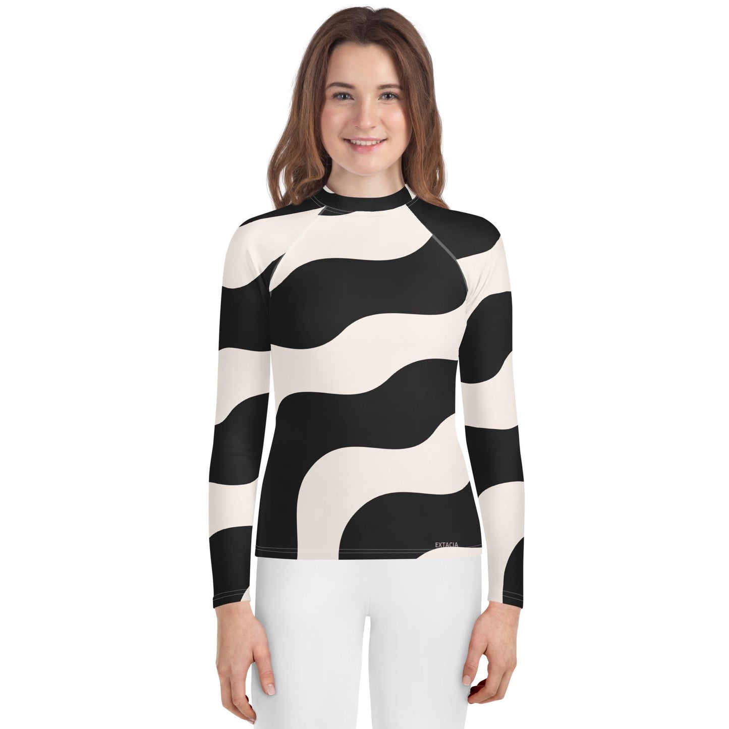 Rash guard fille ado - beige et noir à ondulations graphique minimaliste – vue de face, compression légère