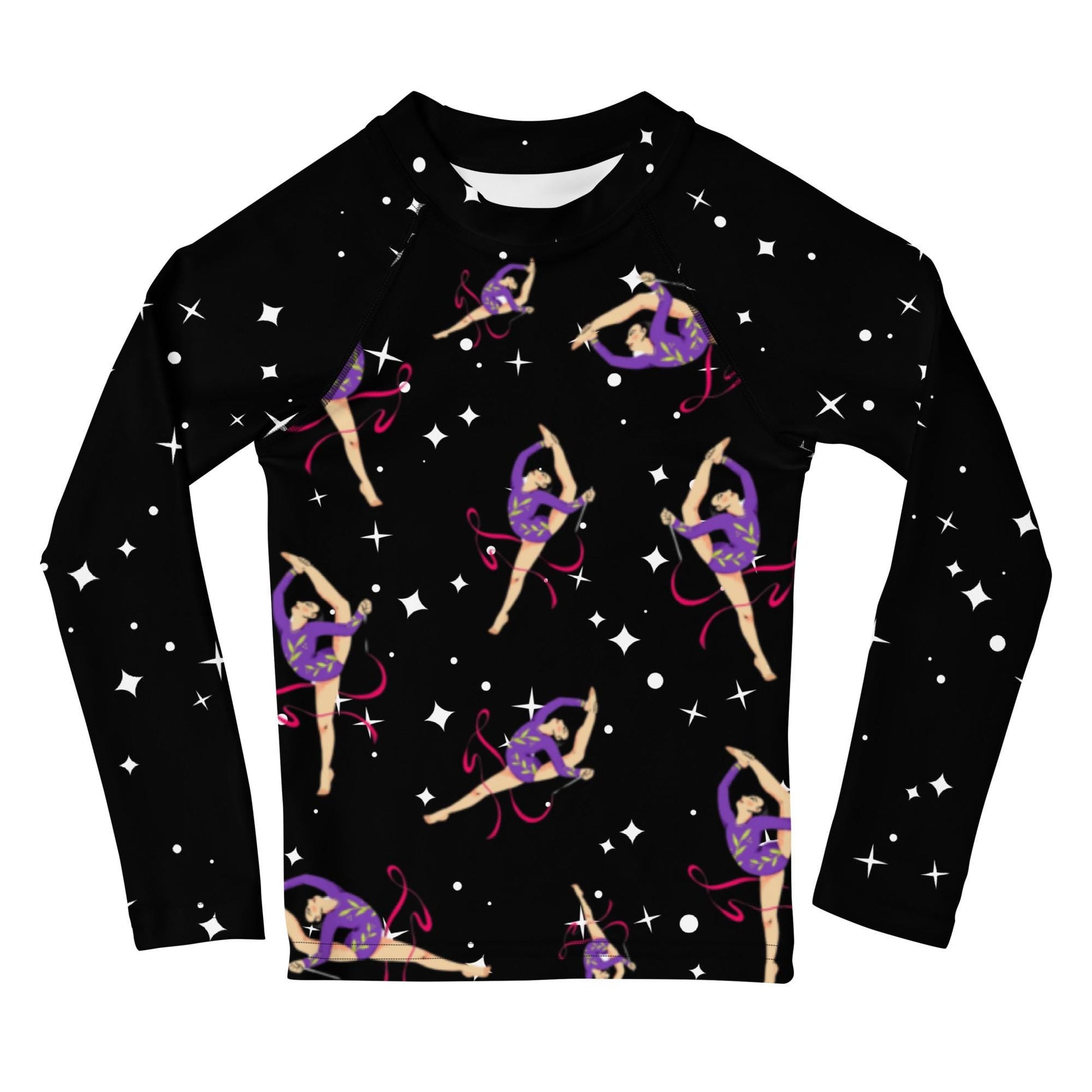 Rash guard petite fille – Noir Etoilé, motif gymnaste danseuse - Col/poignets/ourlets