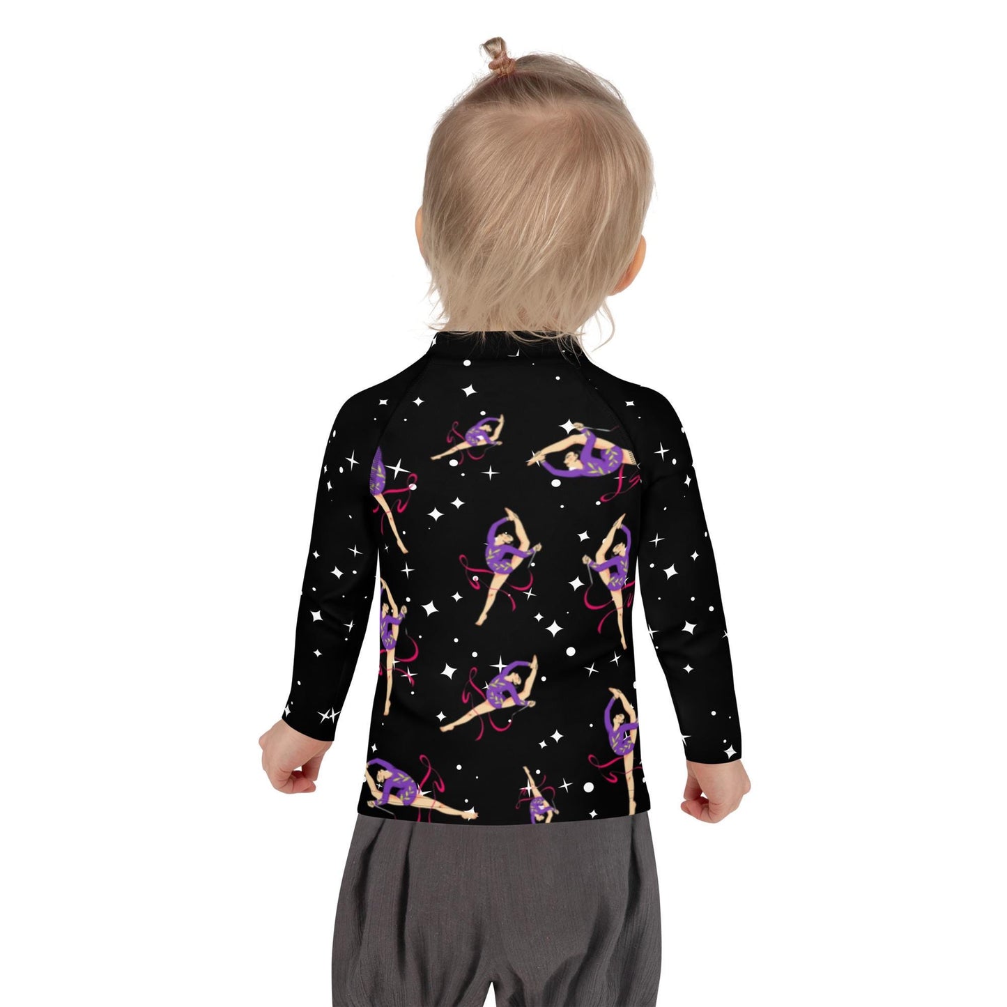 Rash guard petite fille – Noir Etoilé, motif gymnaste danseuse - Porté piscine/plage – mouvement libre, tenue stable