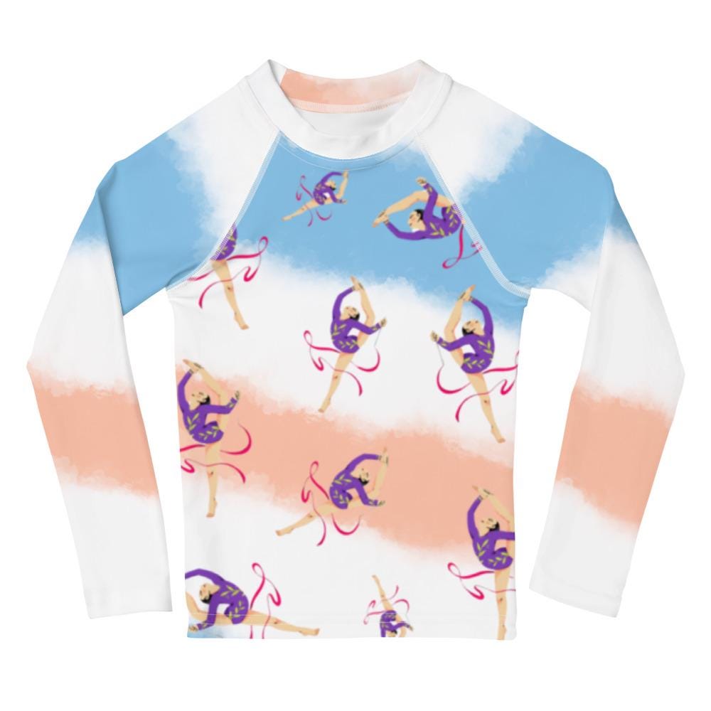 Rash guard petite fille – dégradé bleu blanc saumon - motif gymnaste danseuse - Col/poignets/ourlets