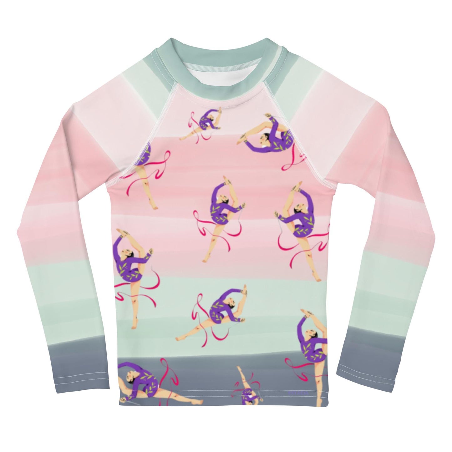 Rash guard petite fille – dégradé rose kaki, motif gymnaste danseuse - Col/poignets/ourlets