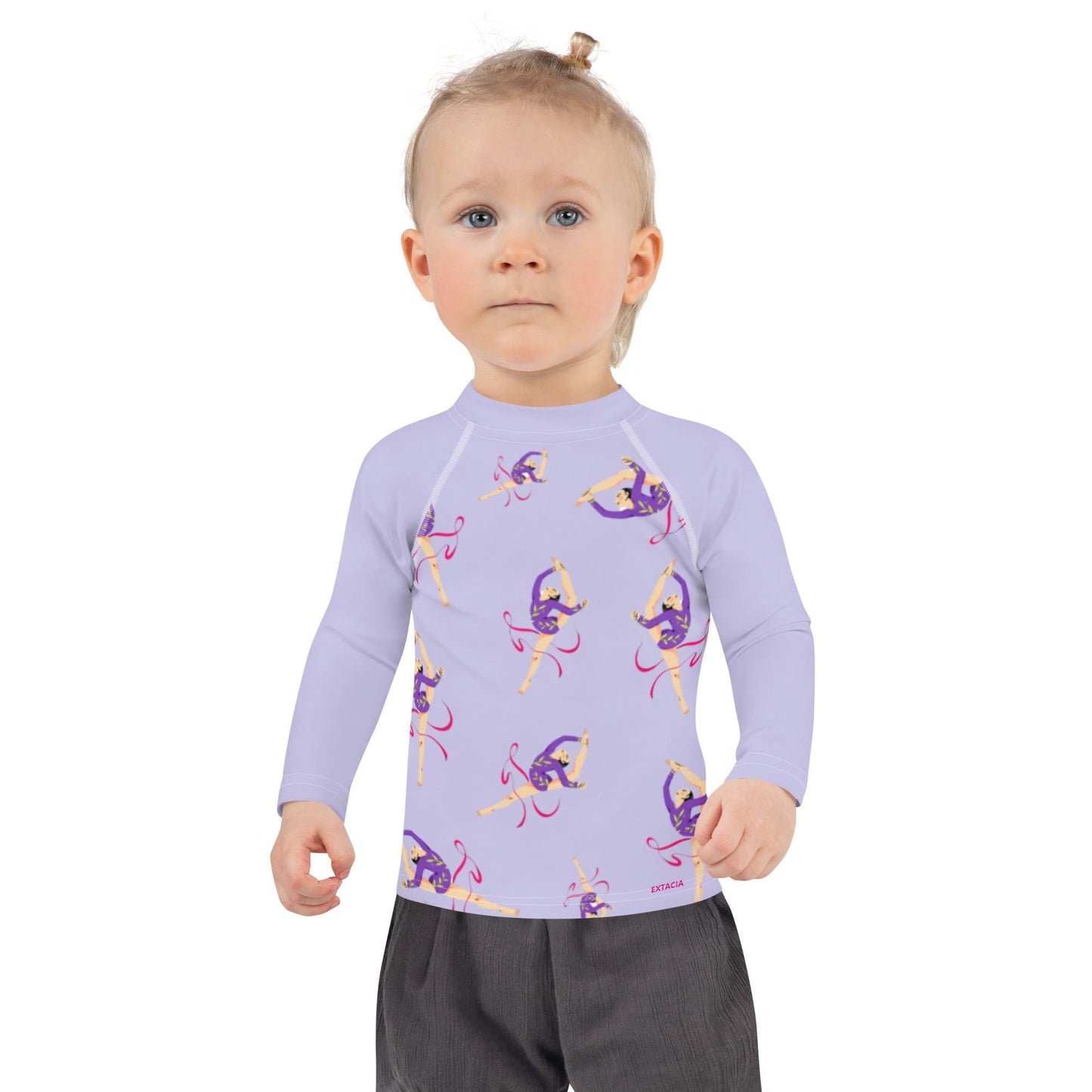 Rash guard petite fille – lila motif gymnaste danseuse – Détail maille technique, confort sur peau sensible