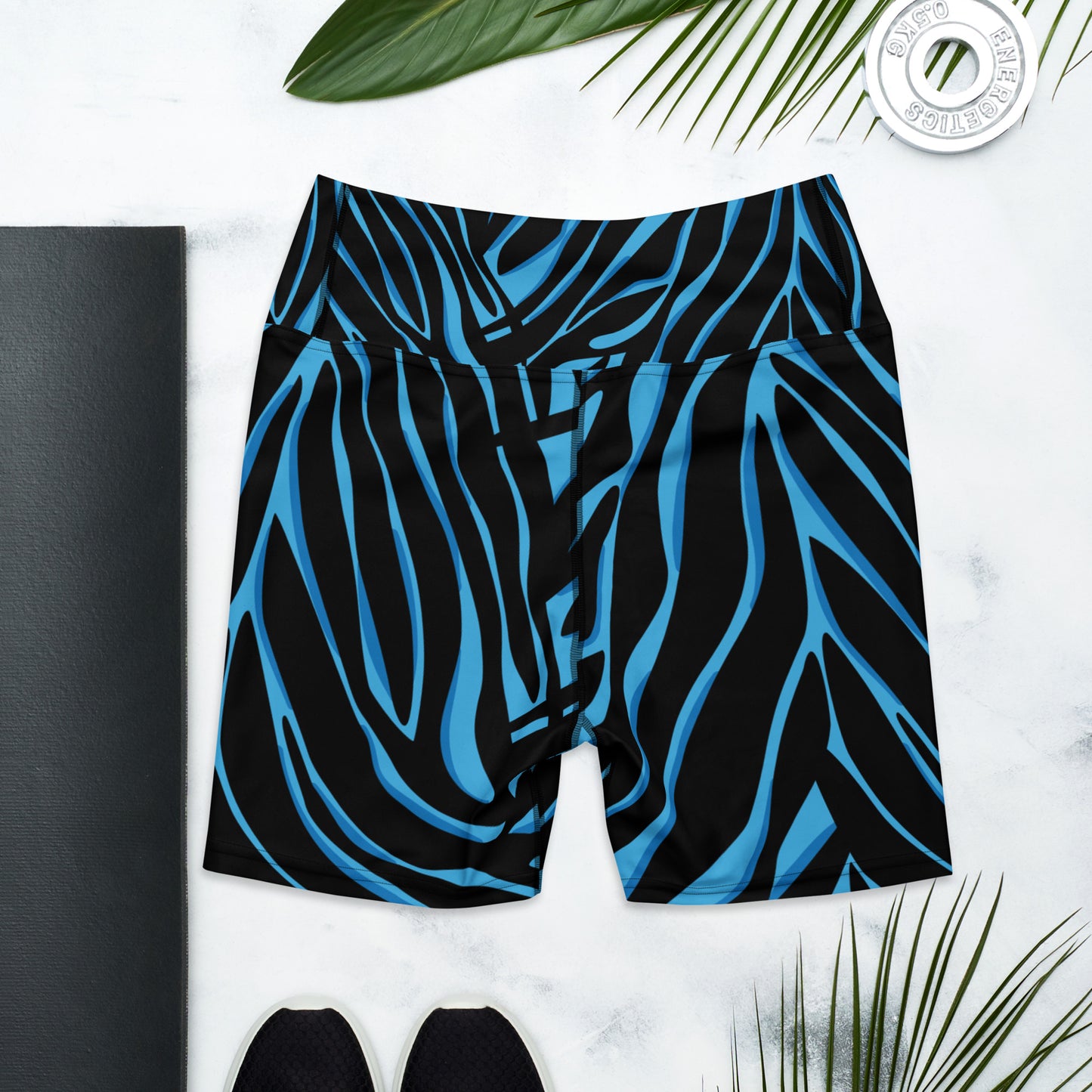 Short legging de yoga femme - bleu et noir imprimé animal minimaliste - Ceinture et coutures, short