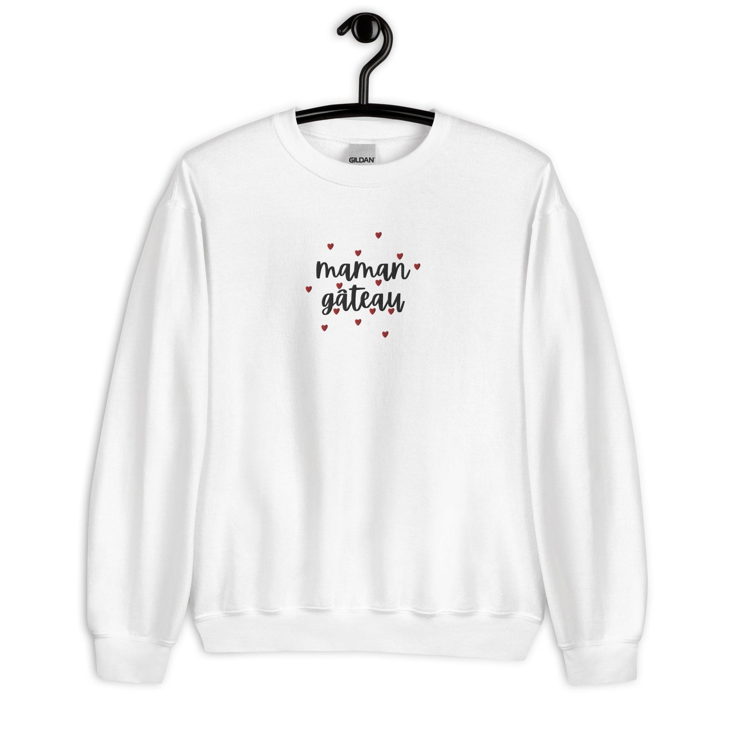 Sweat col rond femme  – vue de face, **motif brodé** - maman gâteau - blanc