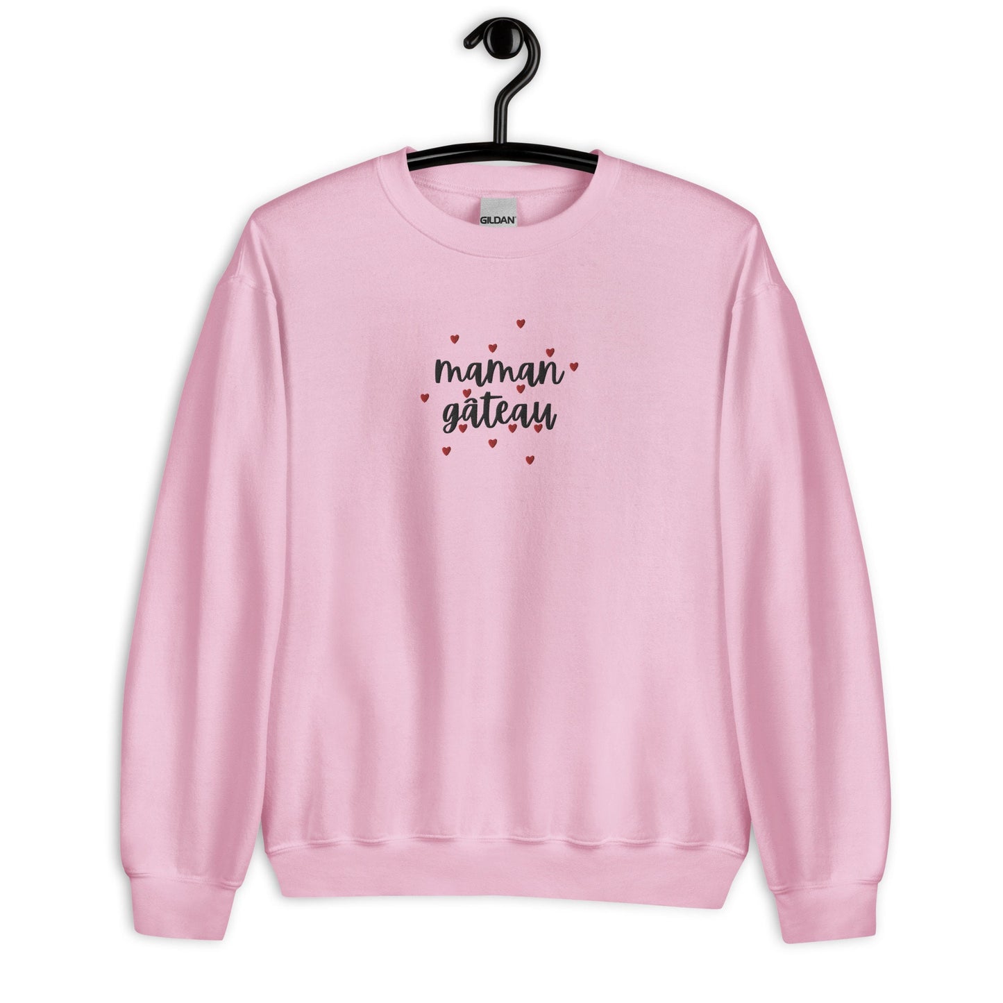 Sweat col rond femme  – vue de face, **motif brodé** - maman gâteau - rose