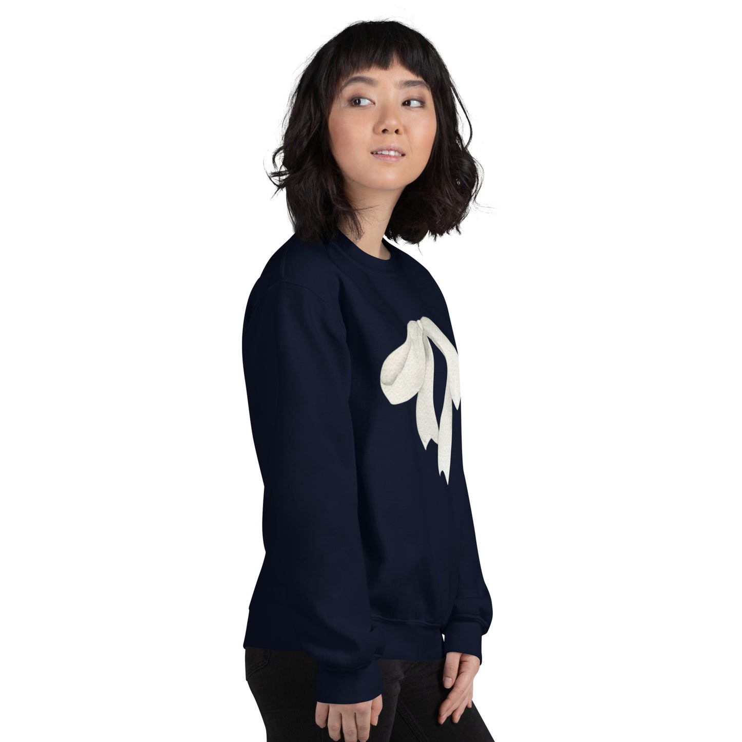 Sweat femme – profil, coupe classique et tombé -  motif imprimé "petit noeud" - bleu marine