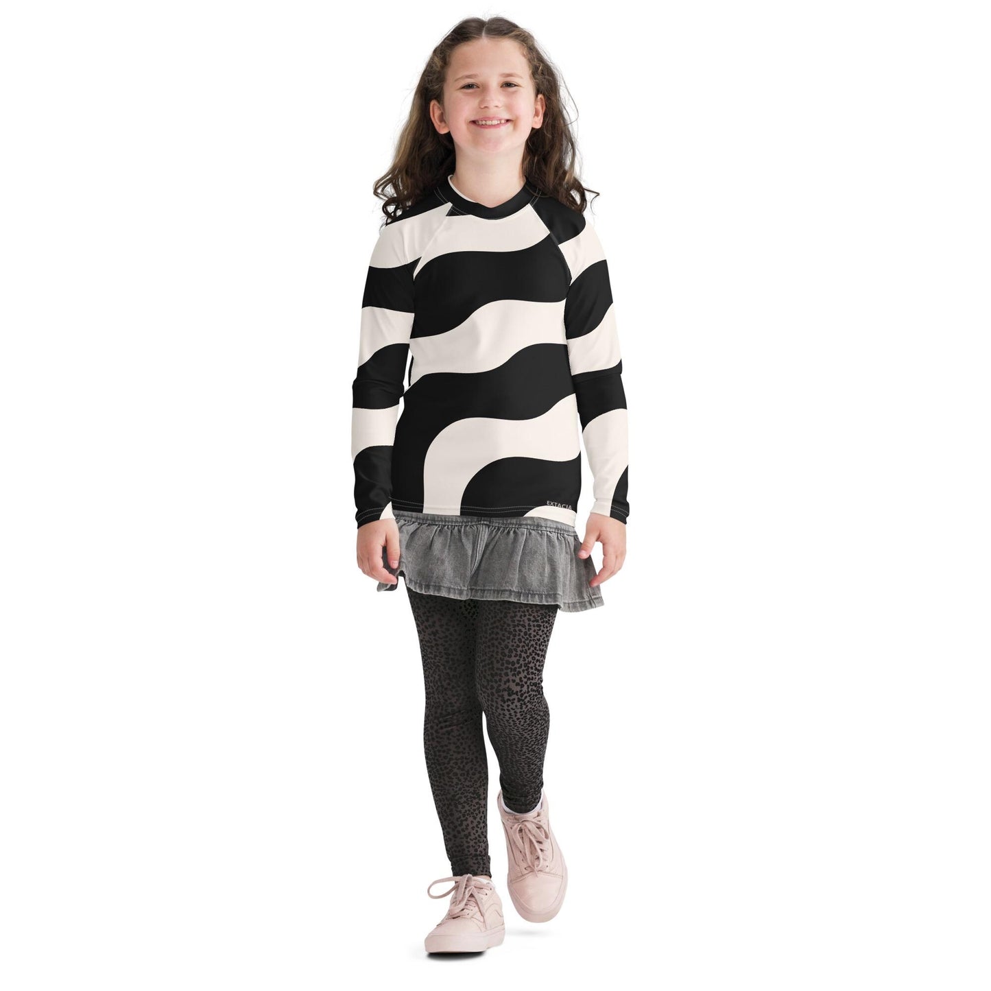 Rash guard pour fille ado – Beige & Noir – Compression légère, respirant & séchage rapide – Graphique