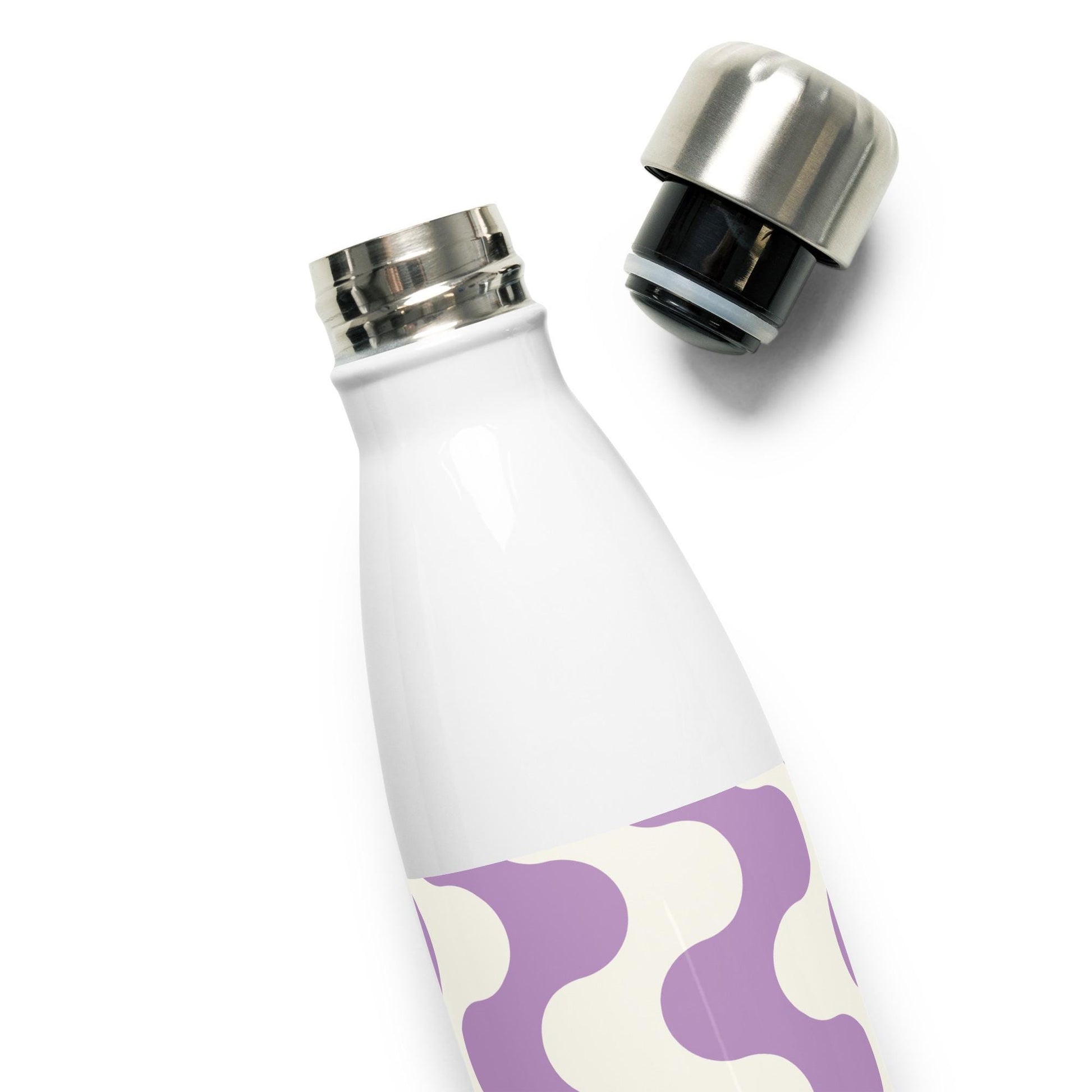 Détail du goulot et du filetage, fermeture étanche - graphique minimaliste blanc et violet