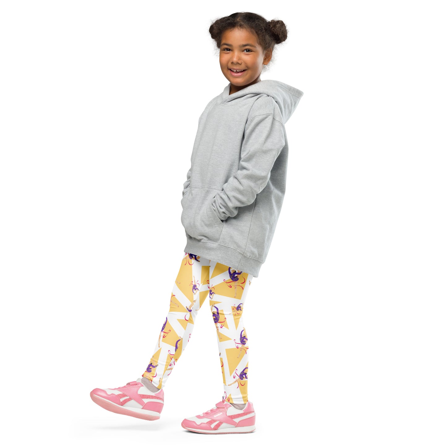 Legging pour petite fille – Blanc & Jaune – Doux, extensible, toutes saisons – Motif Gymnaste Danseuse
