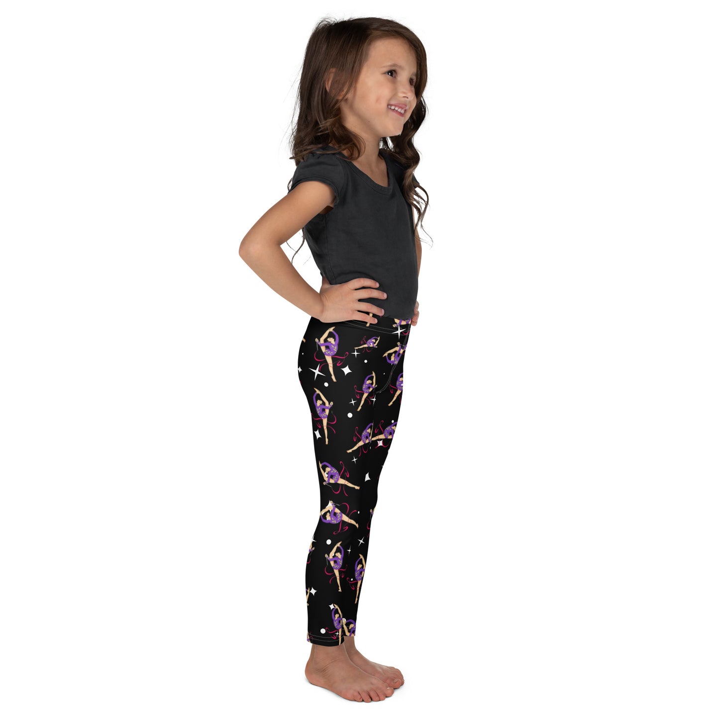 Legging pour petite fille – Noir Etoilé – Doux, extensible, toutes saisons – Motif Gymnaste Danseuse