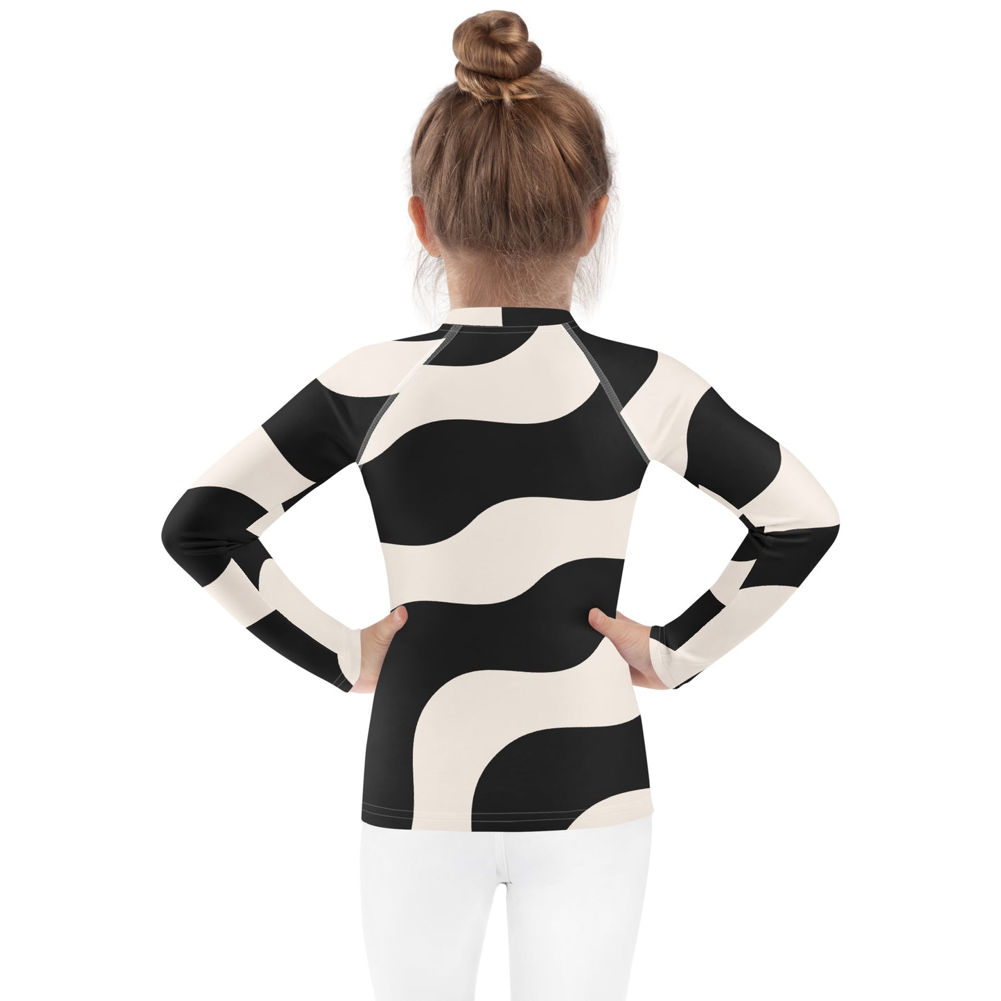 Rash guard pour petite fille – Beige & Noir – Compression légère, séchage rapide – Graphique