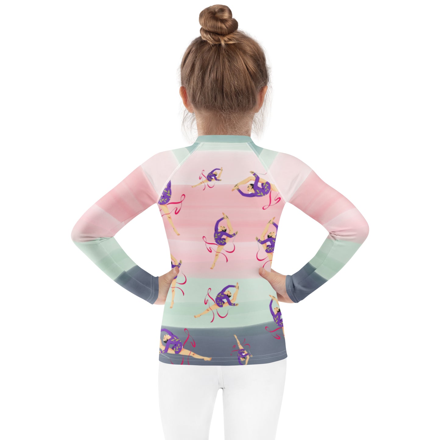 Rash guard pour petite fille – Dégradé Rose Kaki – Compression légère, séchage rapide – Motif Gymnaste Danseuse