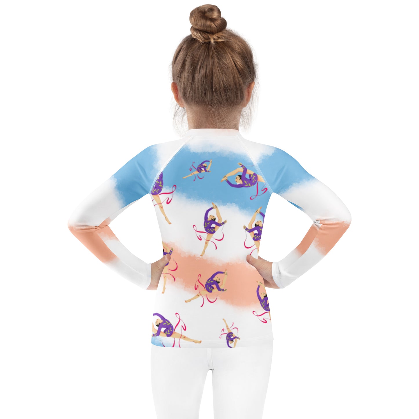 Rash guard pour petite fille – Dégradé Bleu, Blanc, Saumon – Compression légère, séchage rapide – Motif Gymnaste Danseuse
