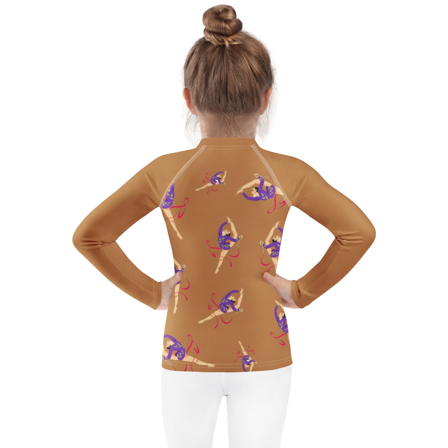 Rash guard pour petite fille – Camel – Compression légère, séchage rapide – Motif Gymnaste Danseuse