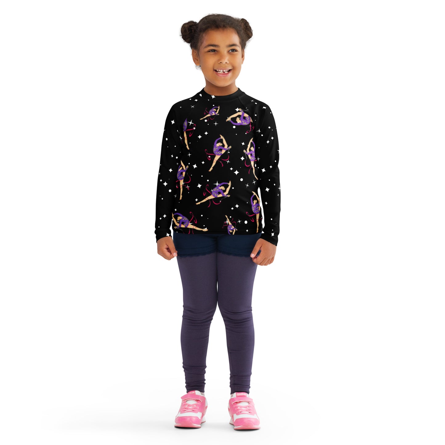 Rash guard pour petite fille – Noir Etoilé – Compression légère, séchage rapide – Motif Gymnaste Danseuse