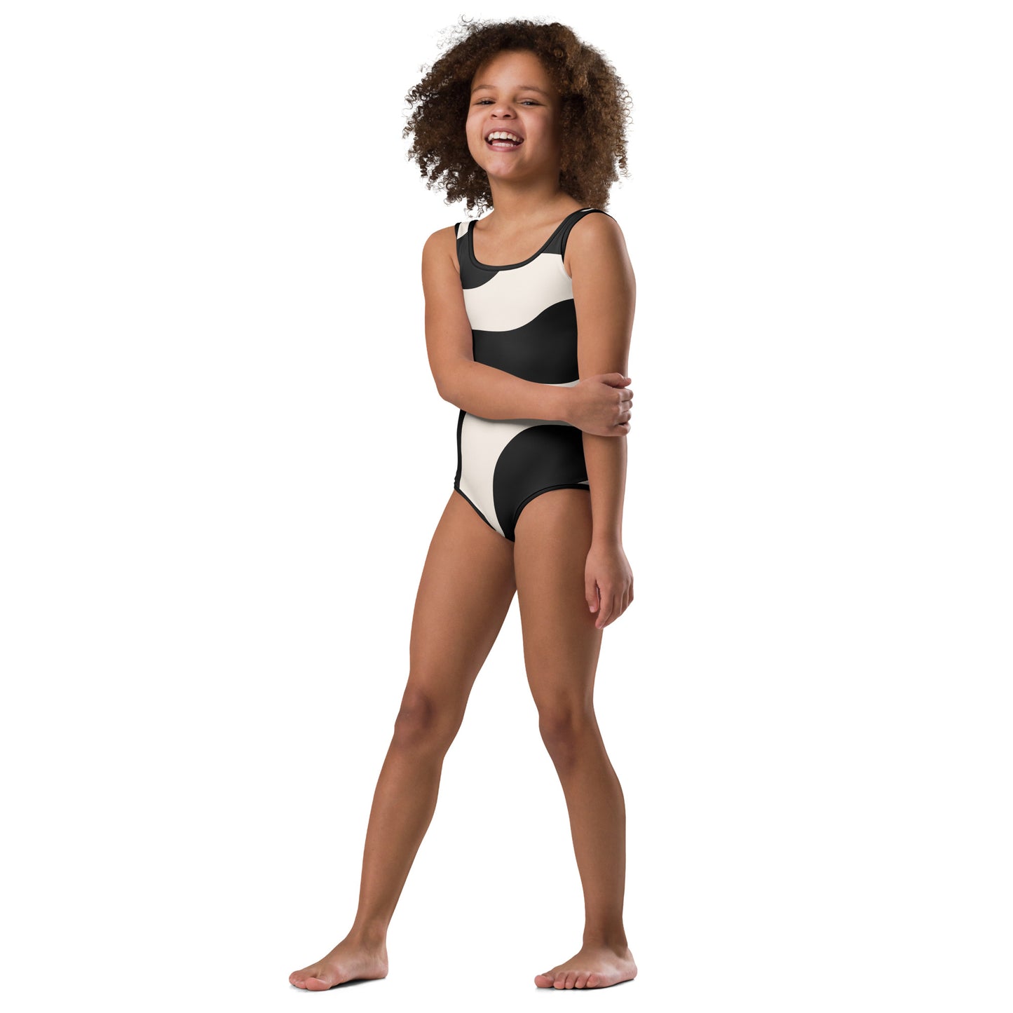 Maillot de bain 1 pièce pour petite fille – Beige & Noir – Confort, maintien & séchage rapide – Graphique