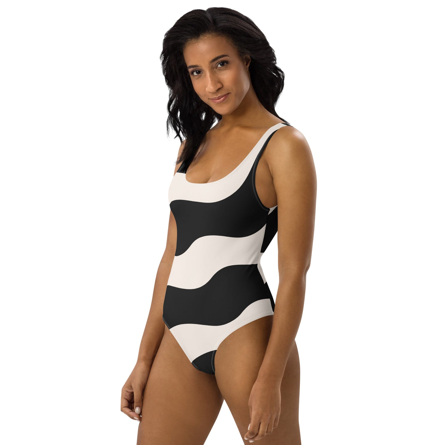 Maillot de bain 1 pièce pour femme – Beige & Noir – Confort, maintien & séchage rapide – Graphique
