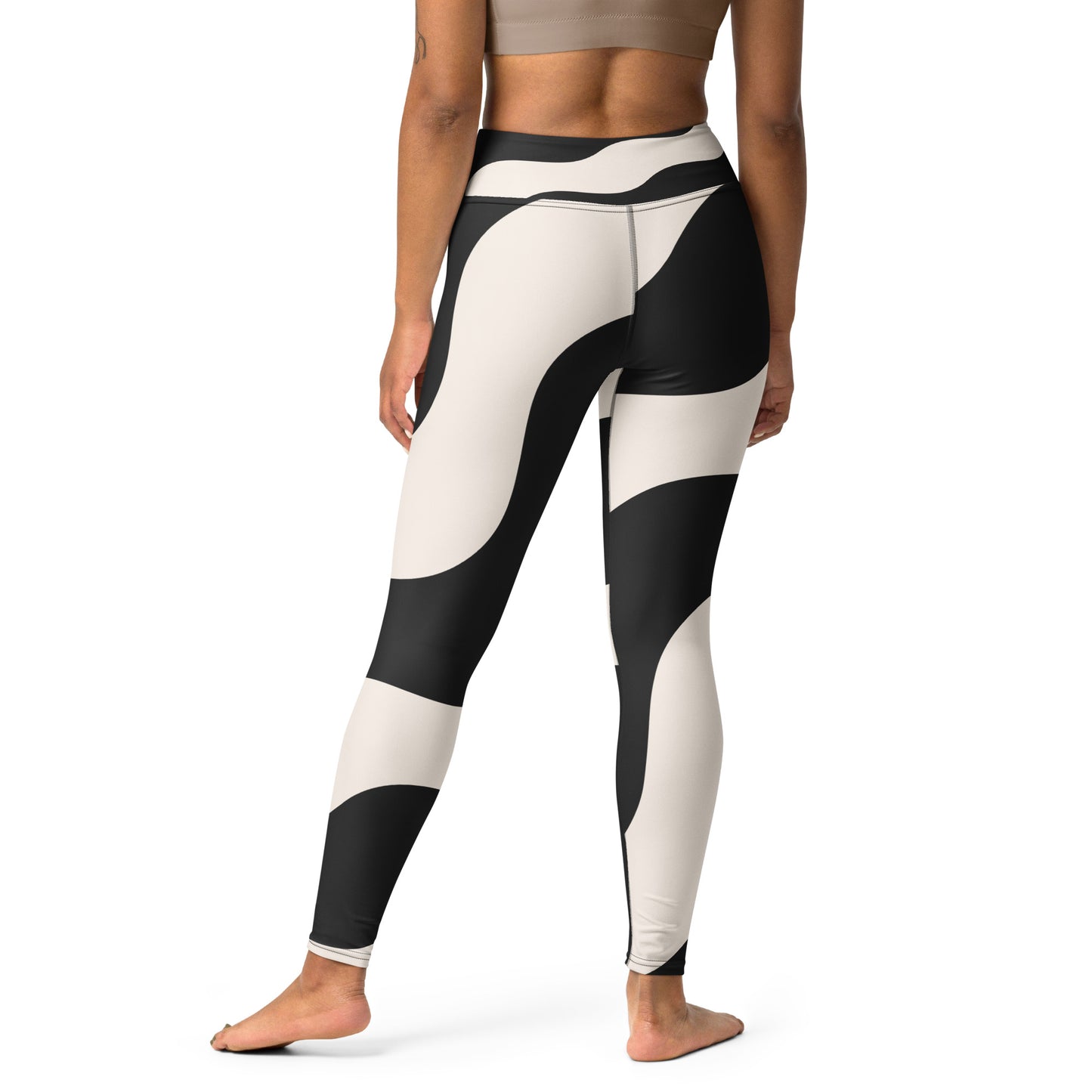Legging de yoga pour femme – Beige & Noir – Stretch, taille haute, séchage rapide – Graphique Minimaliste