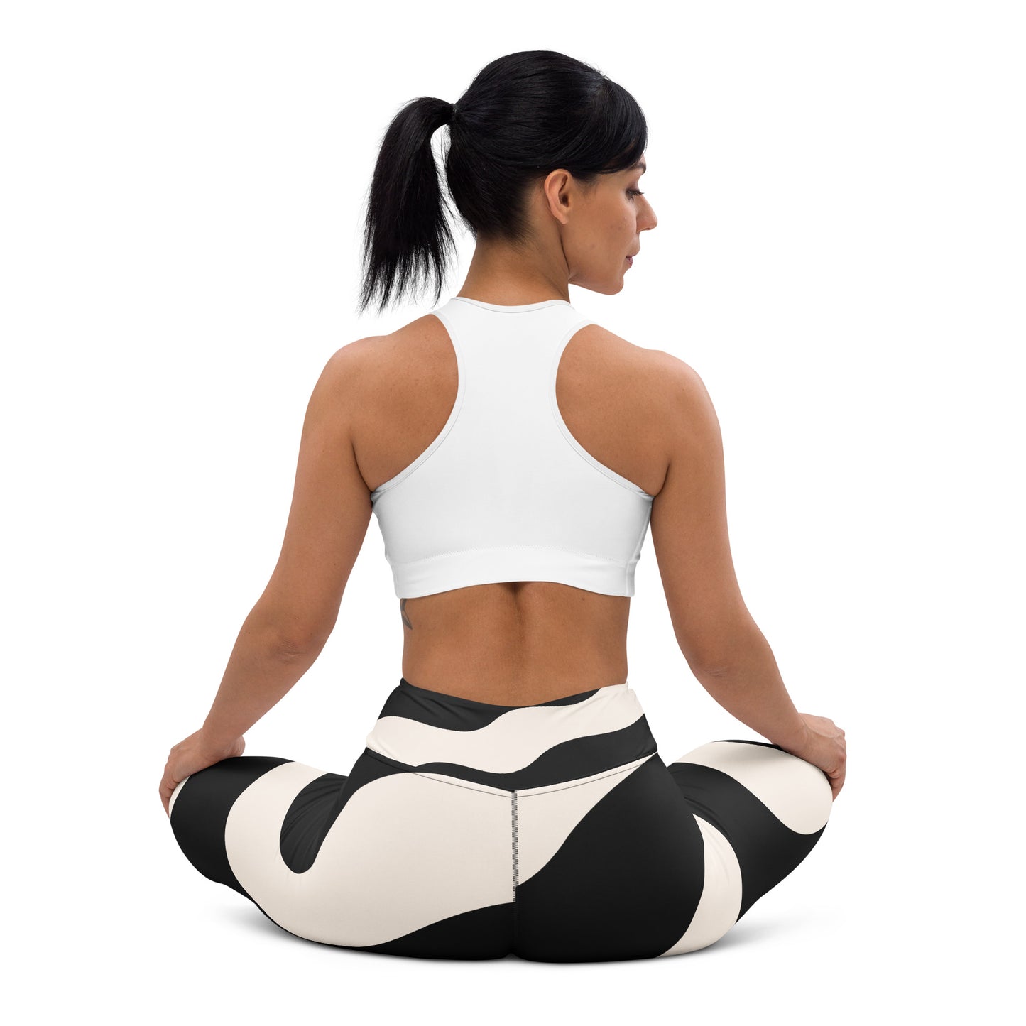 Legging de yoga pour femme – Beige & Noir – Stretch, taille haute, séchage rapide – Graphique Minimaliste