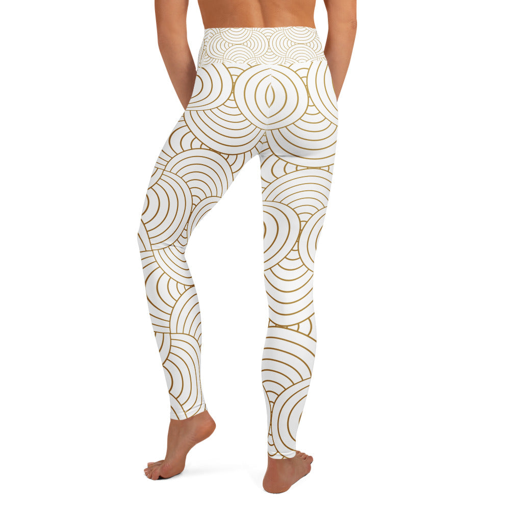 Legging de yoga pour femme – Blanc & Or – Stretch, taille haute, séchage rapide – Graphique Minimaliste