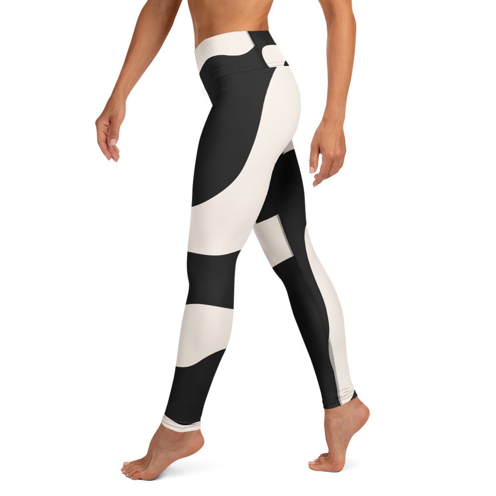 Legging de yoga pour femme – Beige & Noir – Stretch, taille haute, séchage rapide – Graphique Minimaliste