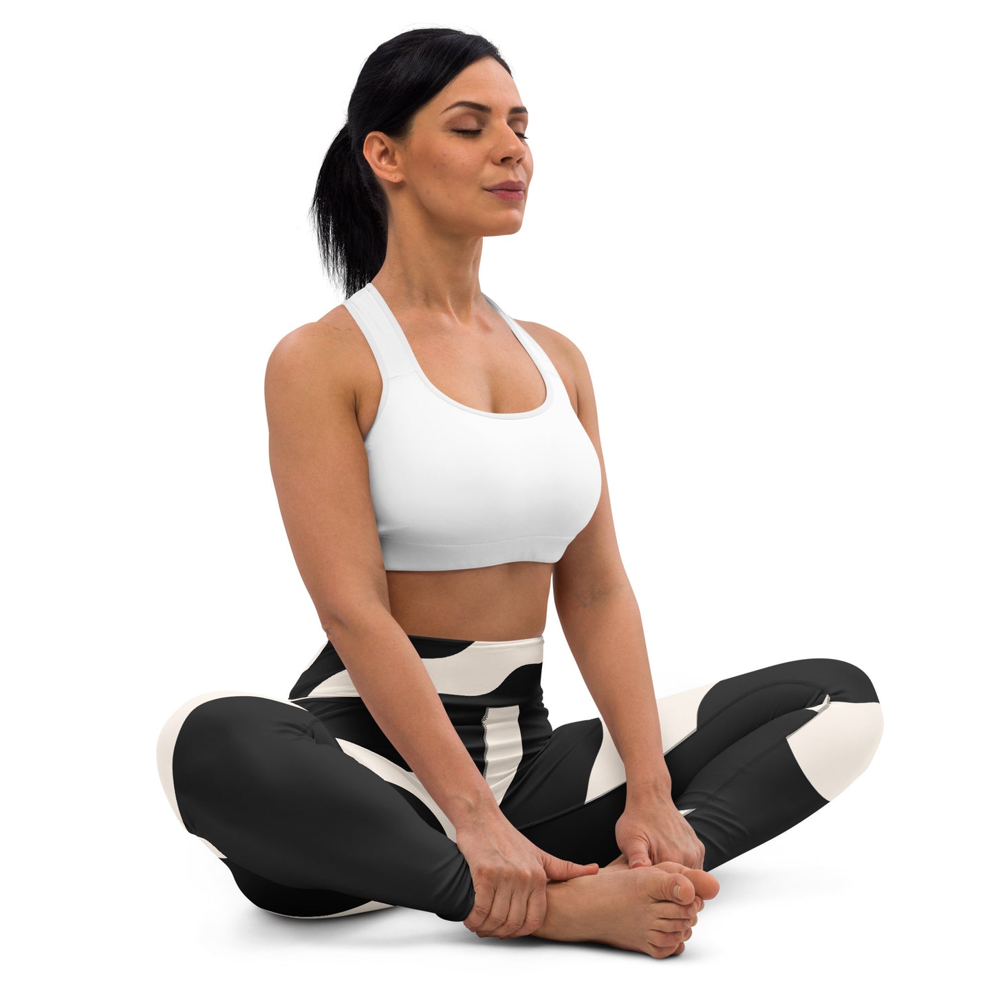 Legging de yoga pour femme – Beige & Noir – Stretch, taille haute, séchage rapide – Graphique Minimaliste