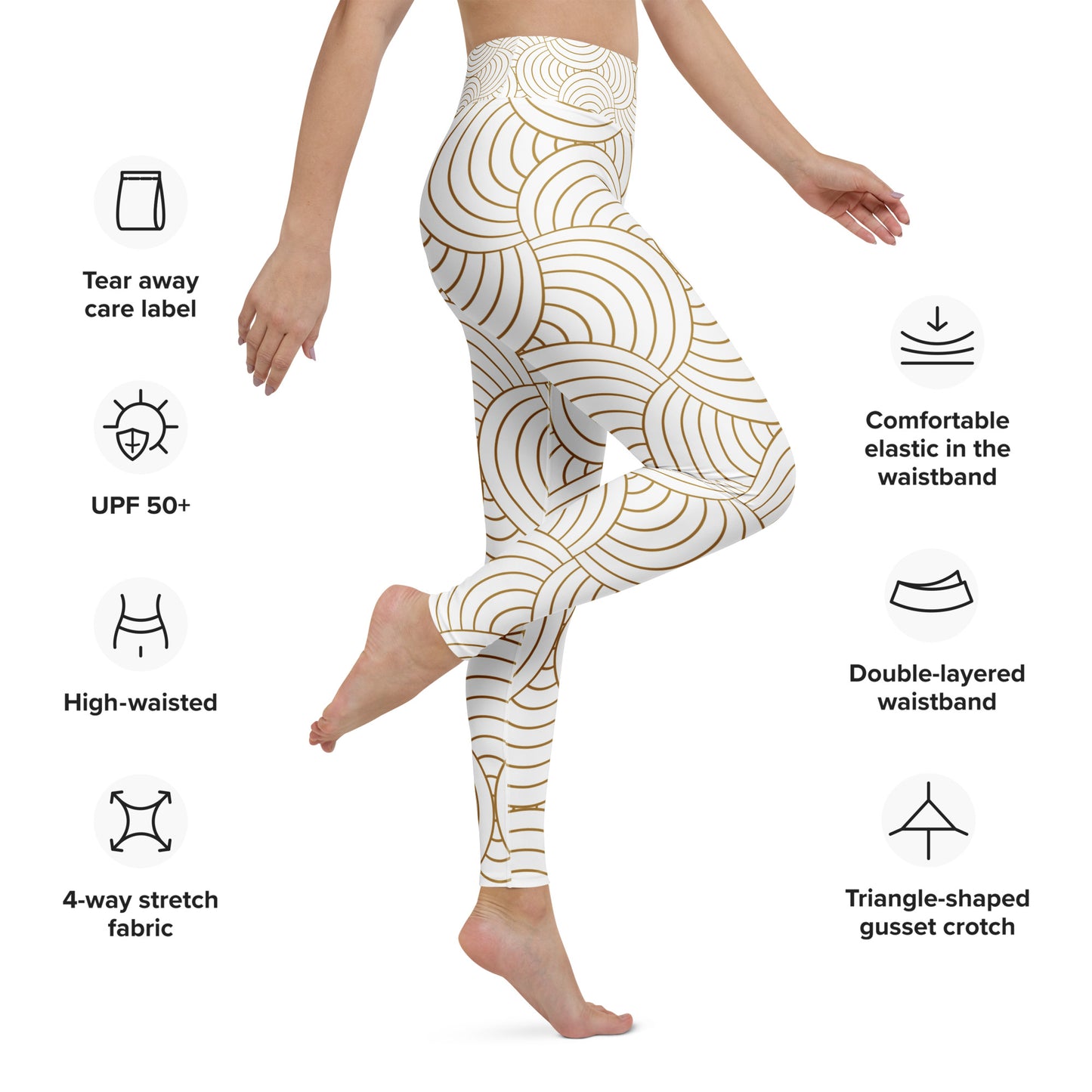 Legging de yoga pour femme – Blanc & Or – Stretch, taille haute, séchage rapide – Graphique Minimaliste