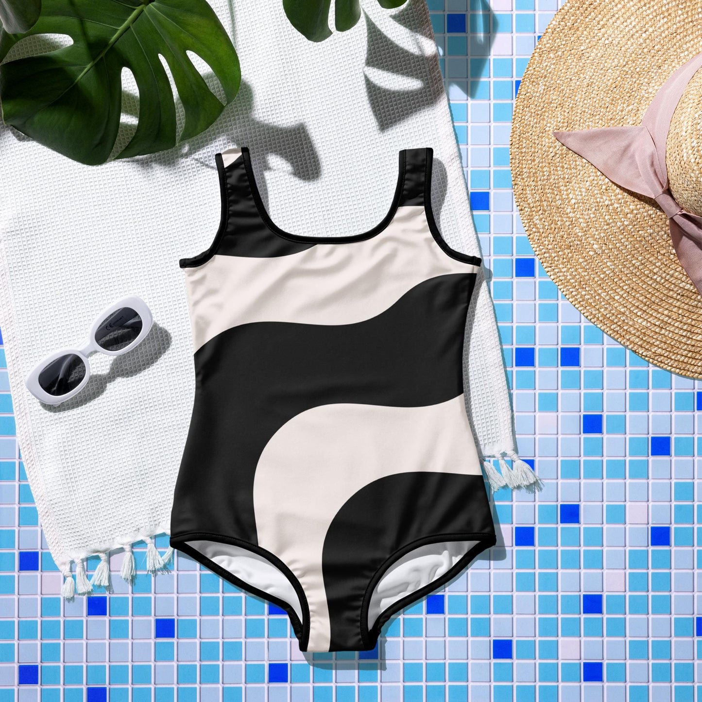 Maillot de bain 1 pièce pour fille ado – Beige & Noir – maintien & séchage rapide – Graphique