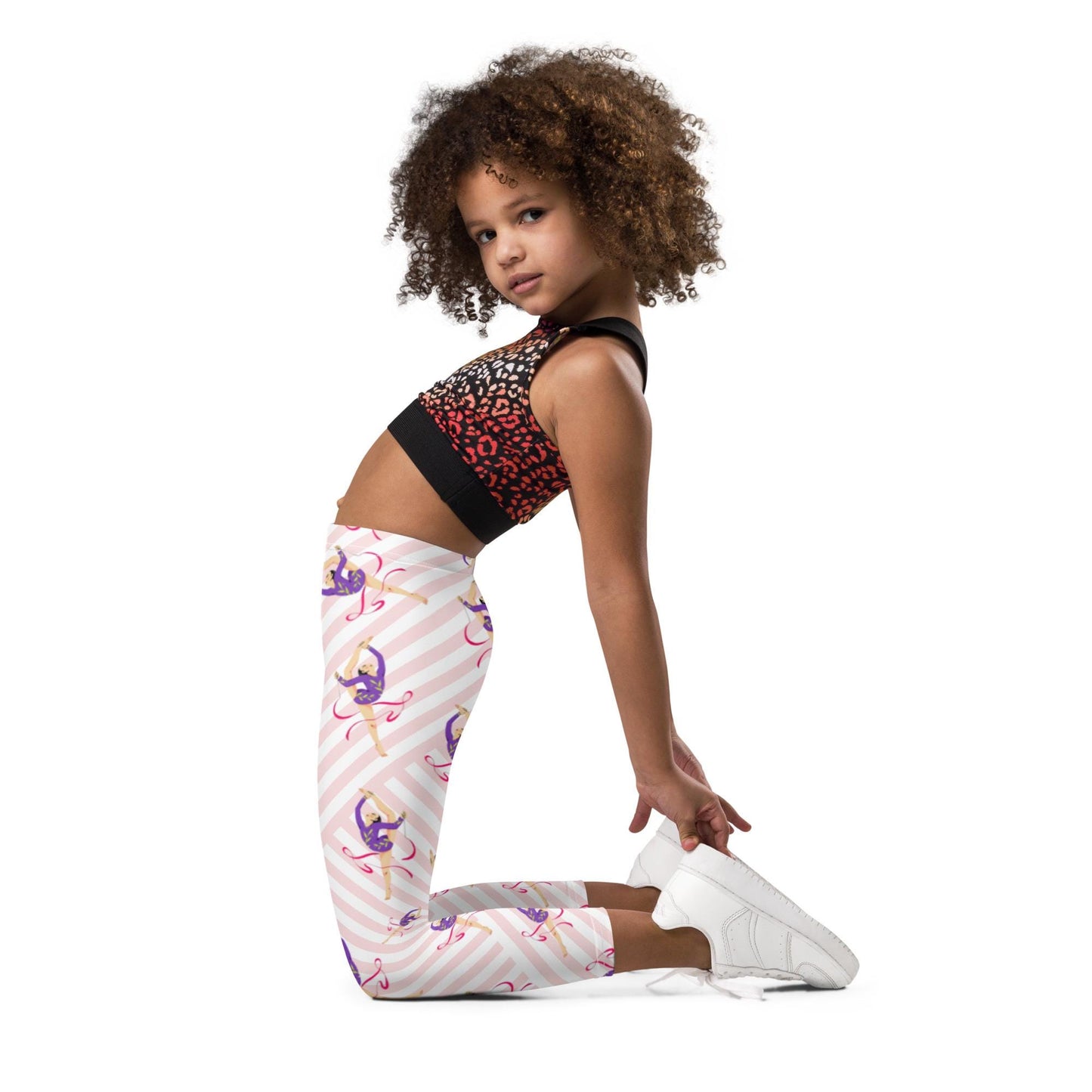 Legging pour petite fille – Blanc & Rose – Doux, extensible, toutes saisons – Motif Gymnaste Danseuse