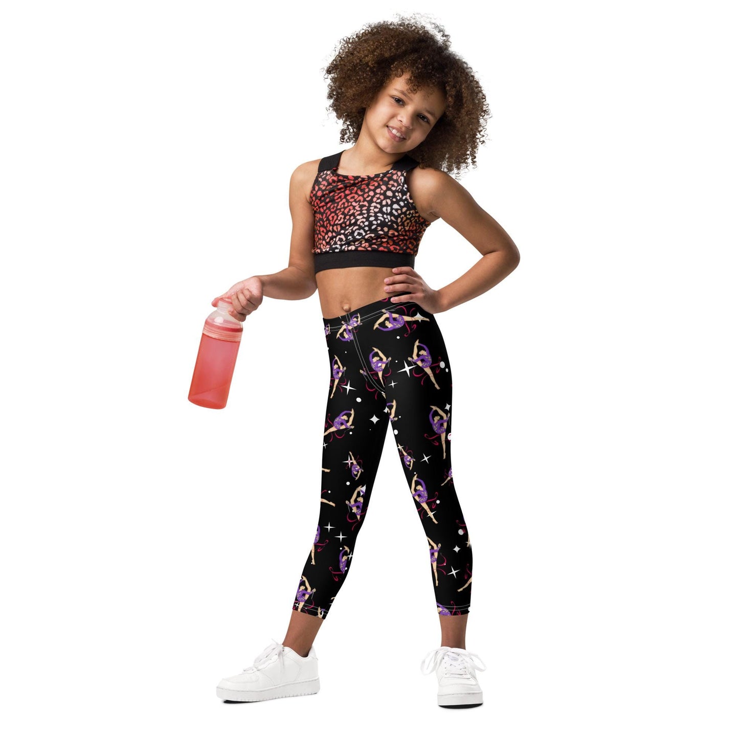 Legging pour petite fille – Noir Etoilé – Doux, extensible, toutes saisons – Motif Gymnaste Danseuse